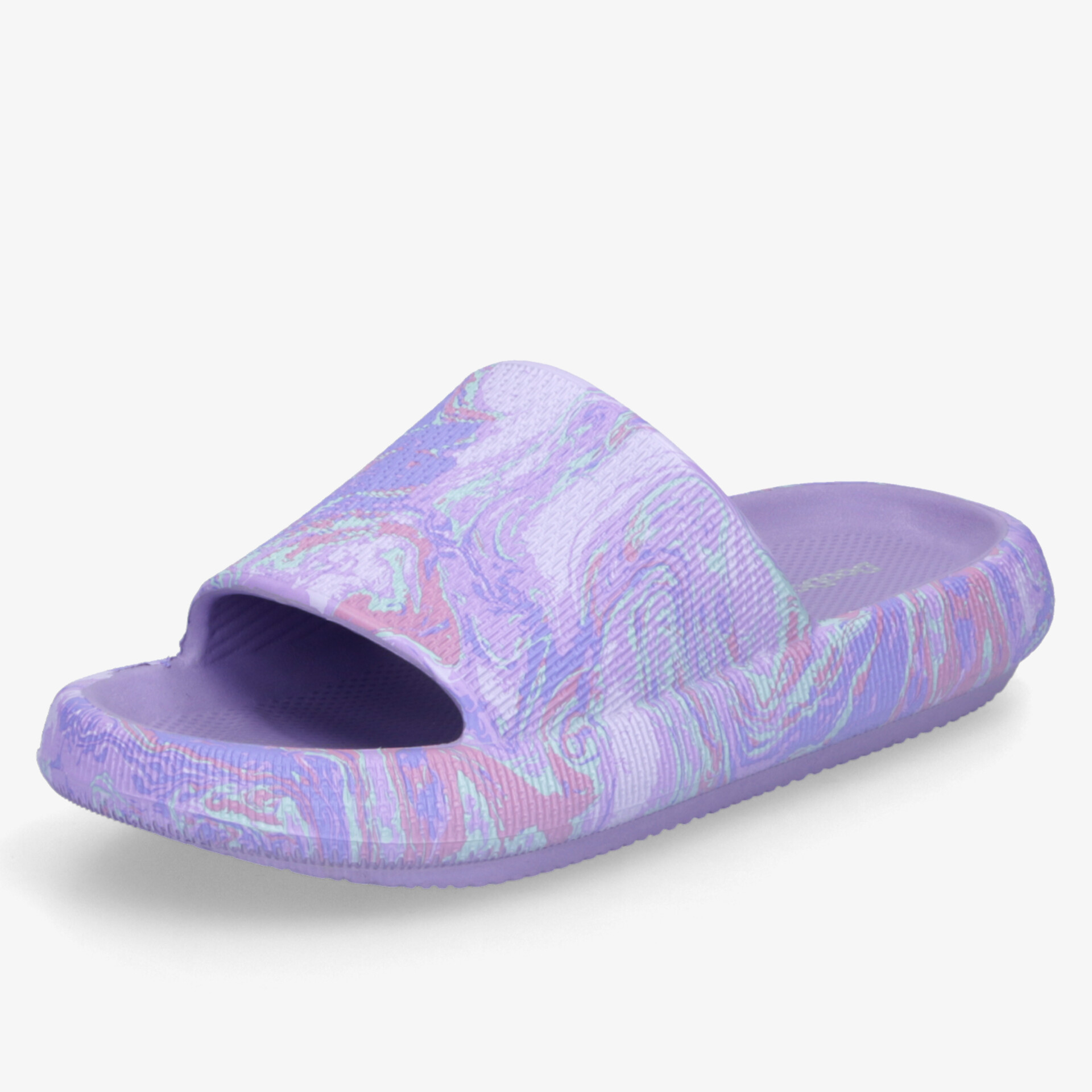 Leichter gemütlicher Badeschuh in Lila mit buntem Muster und offener Vorderseite für optimalen Tragekomfort