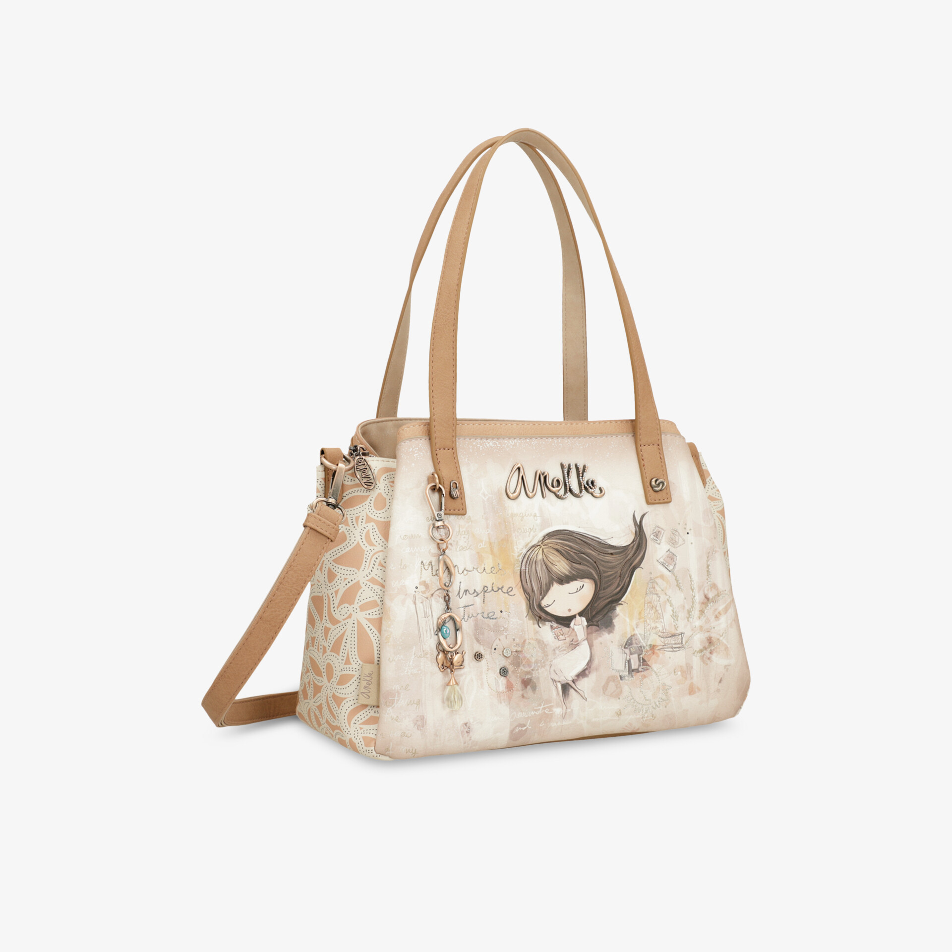 Geräumige modische Handtasche mit langlebigen Tragehenkeln und bezaubernden Illustrationen schräg vorne gesehen