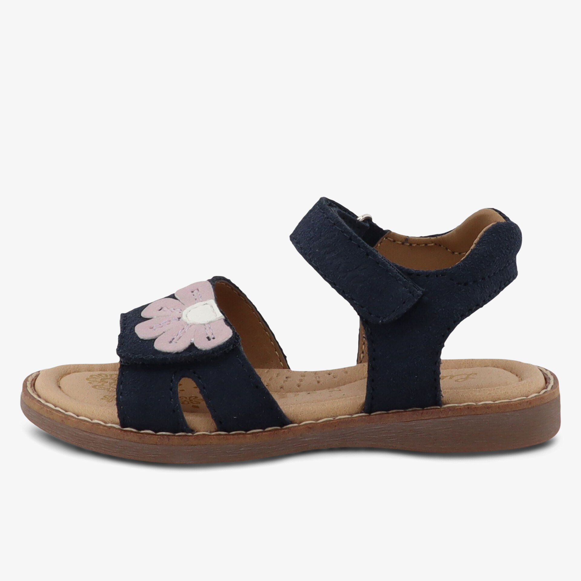 Modische Sandalen in Dunkelblau mit Blumenapplikation und Riemenverschluss für optimalen Halt