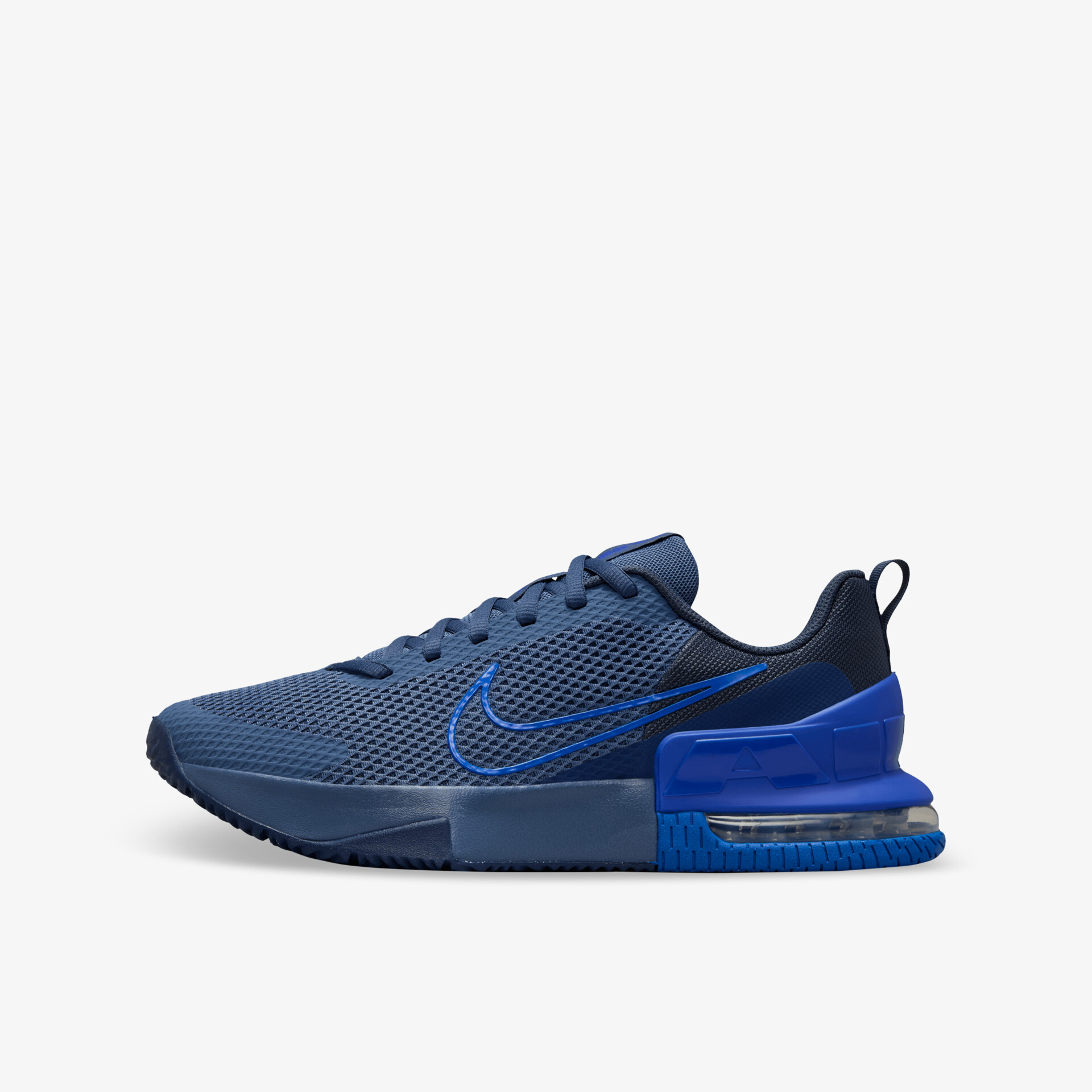 Moderner blauer Laufschuh mit stoßdämpfender Sohle und atmungsaktivem Material seitliche Ansicht