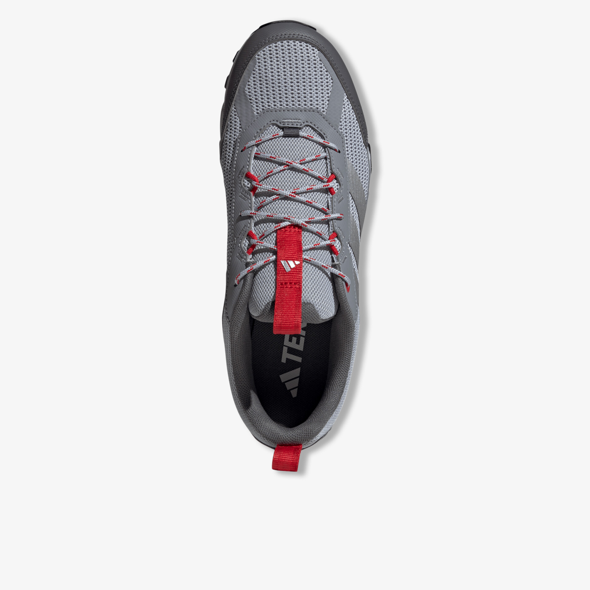 Sportlicher grauer Schuh mit rotem Zugband, funktionaler Schnürung und atmungsaktivem Material, Draufsicht von oben