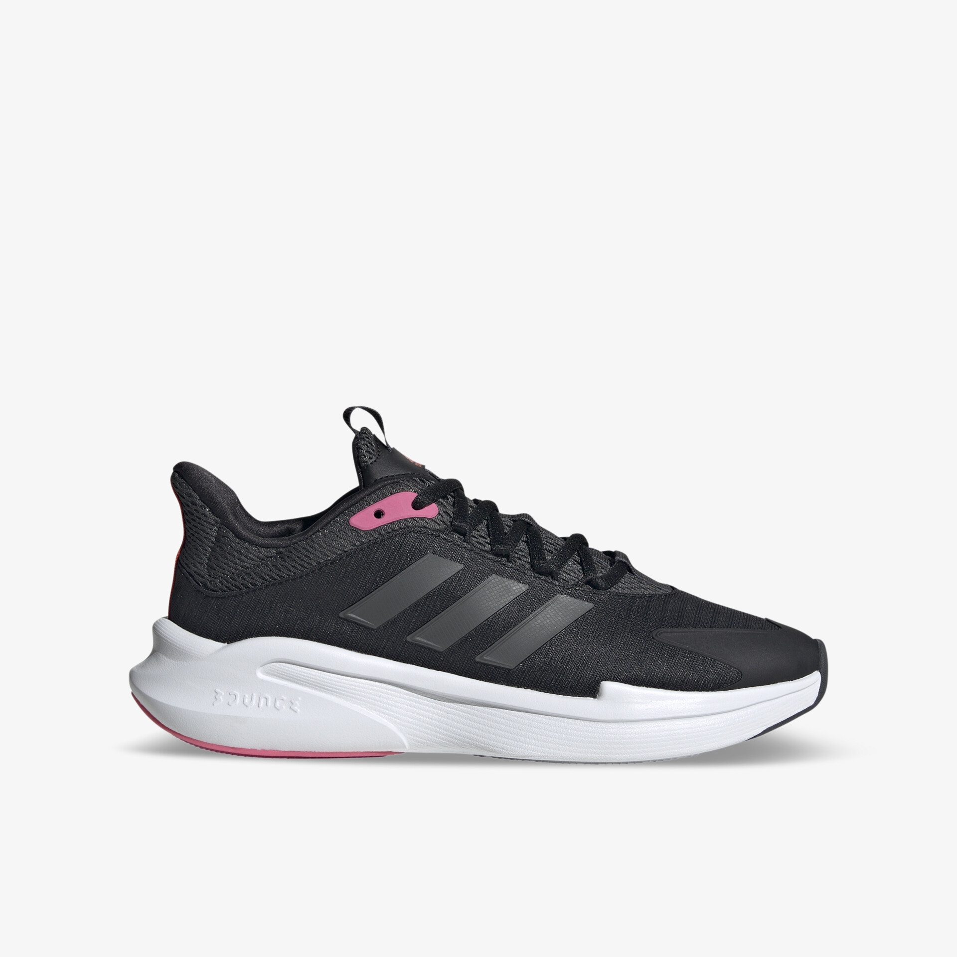 Moderner schwarzer Sportschuh mit rosa Akzent, ideal für täglichen Komfort und Sportaktivitäten.
