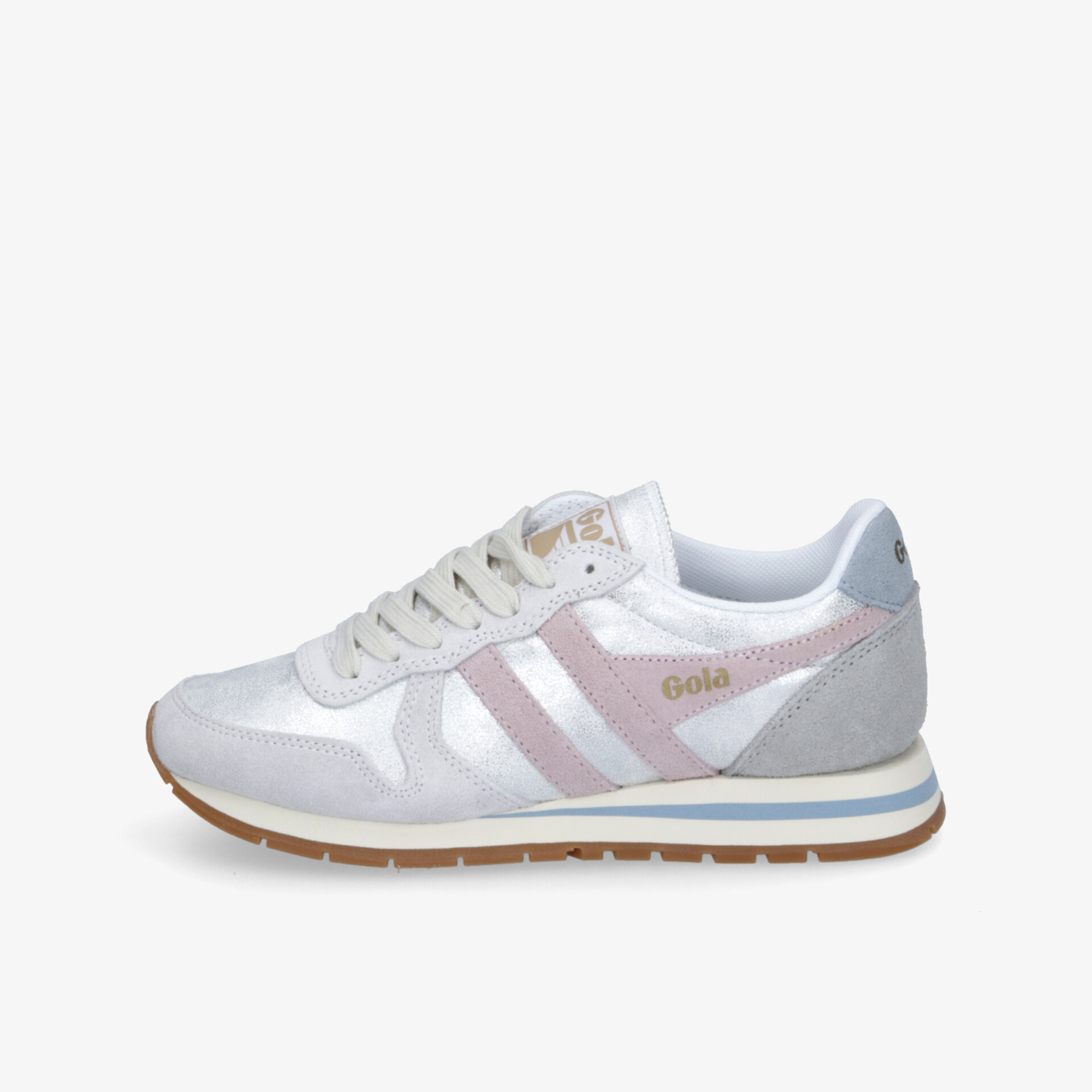 Leichter Sportschuh in Pastelltönen, seitliche Ansicht, atmungsaktiv und mit gedämpfter Laufsohle für komfortable Nutzung
