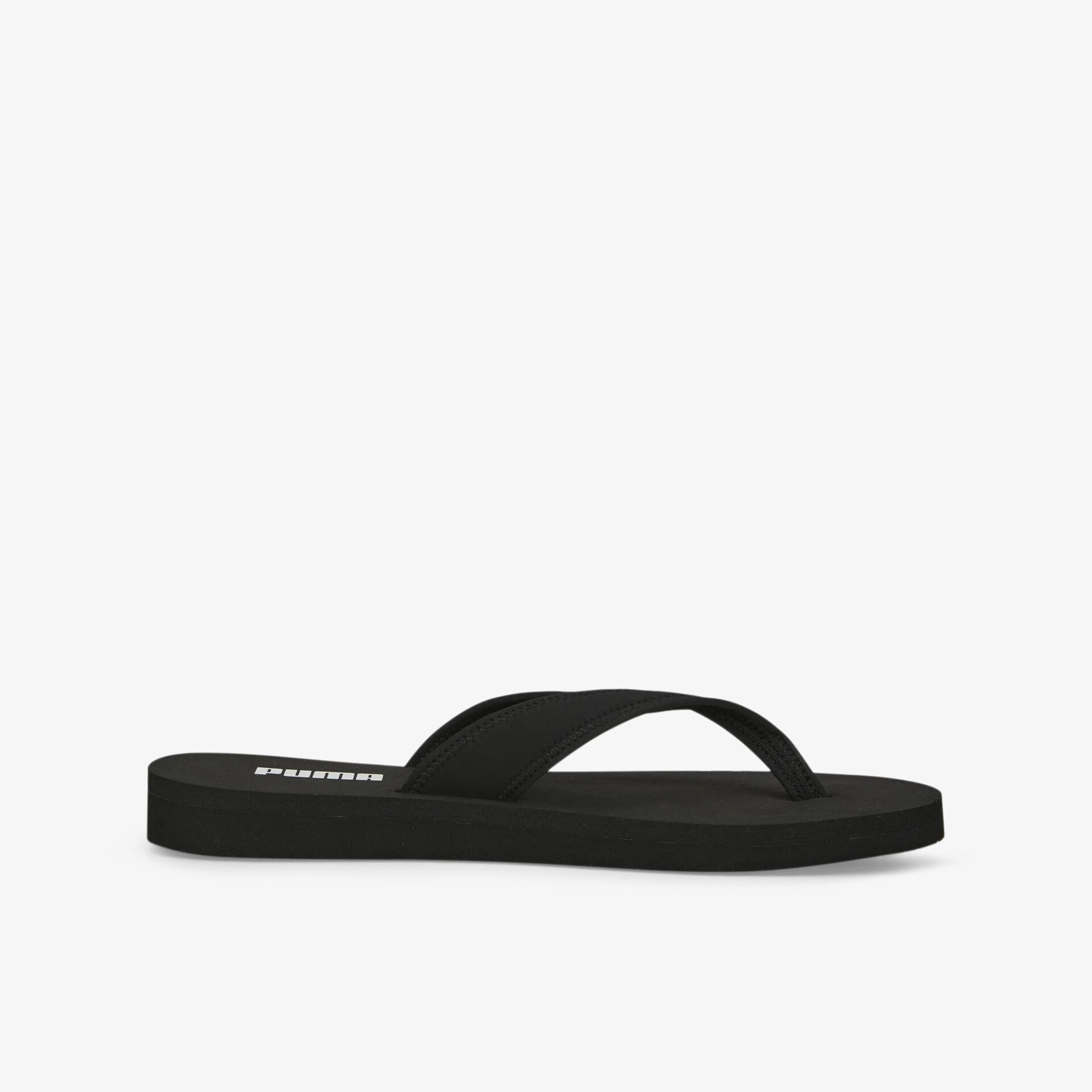 Schwarzer leichter Zehentrenner mit bequemen Riemen und flexibler, rutschfester Sohle, seitliche Ansicht