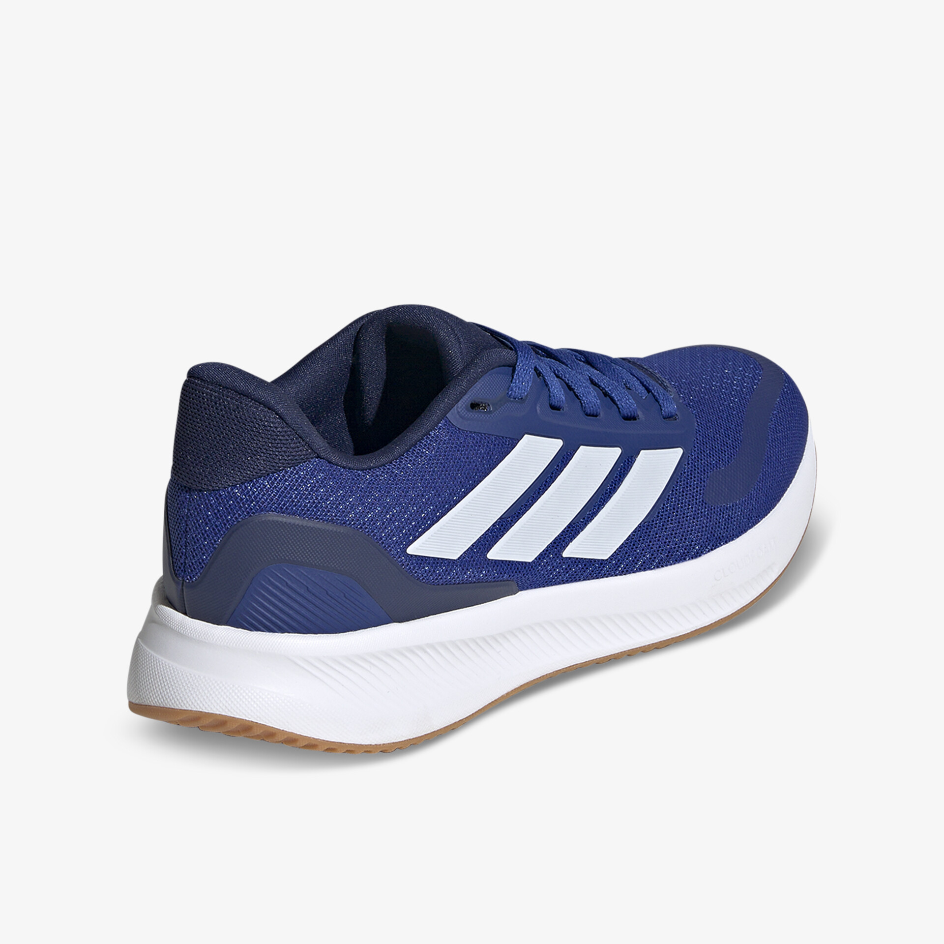 Blauer Sportschuh mit weißer Sohle und drei weißen Streifen seitlich, atmungsaktiv und leicht für optimalen Komfort