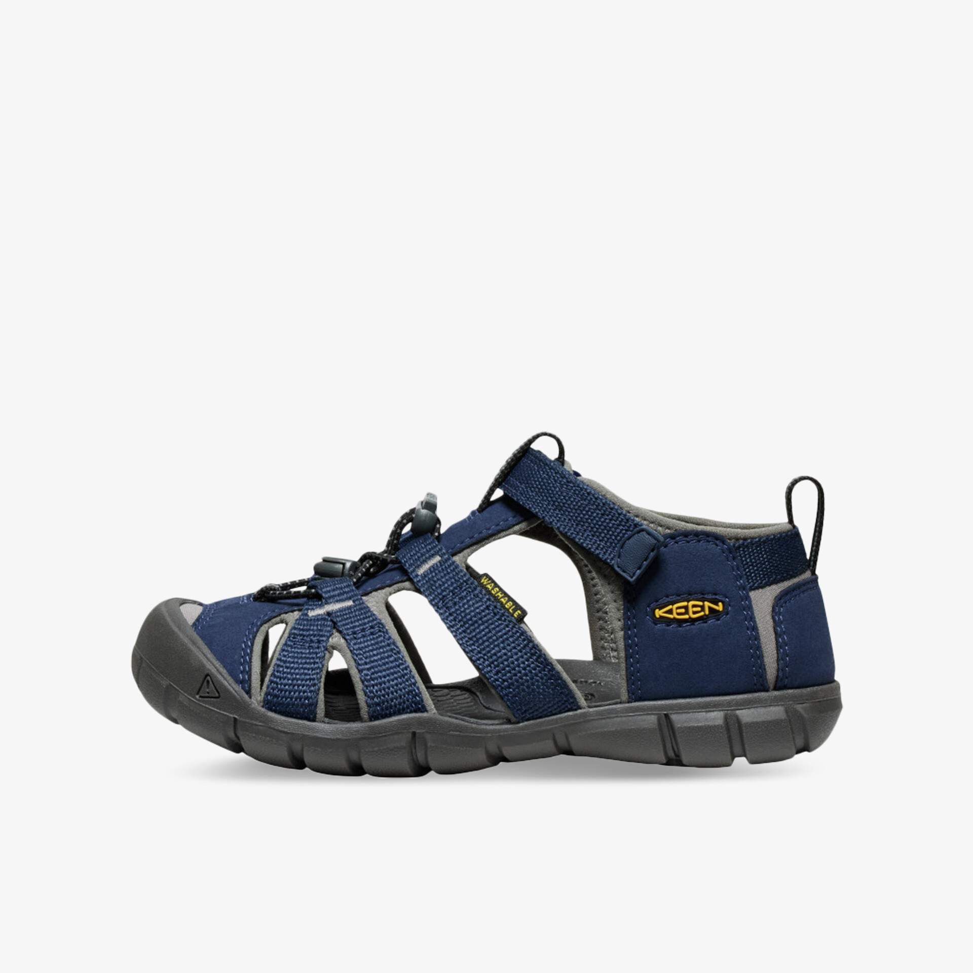 Robuster blauer Outdoor-Schuh mit geschlossener Zehenkappe, atmungsaktiv und rutschfester Sohle, seitliche Ansicht