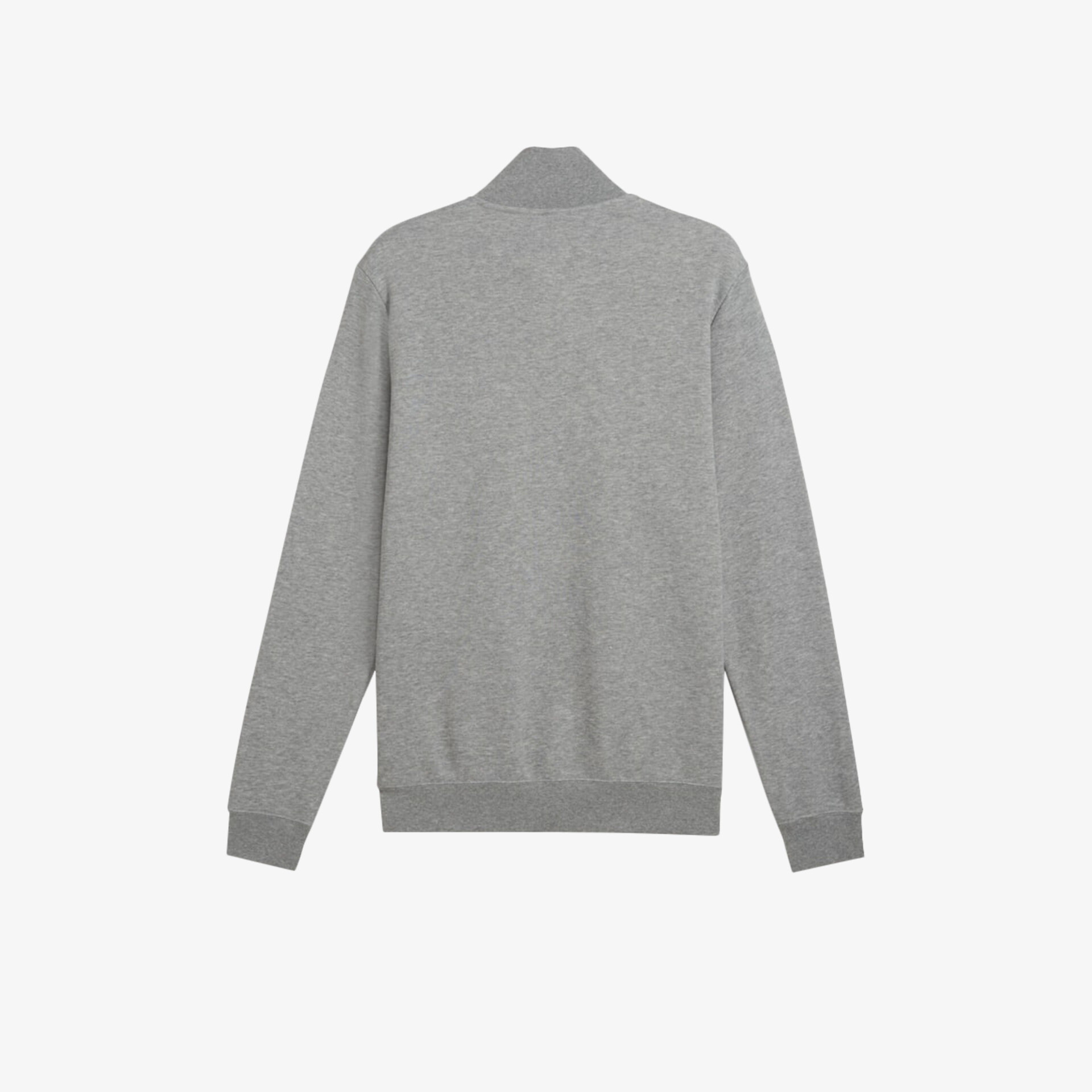 Rückansicht eines grauen Pullovers mit Langarm, gerippten Bündchen und komfortablem, schlichtem Design