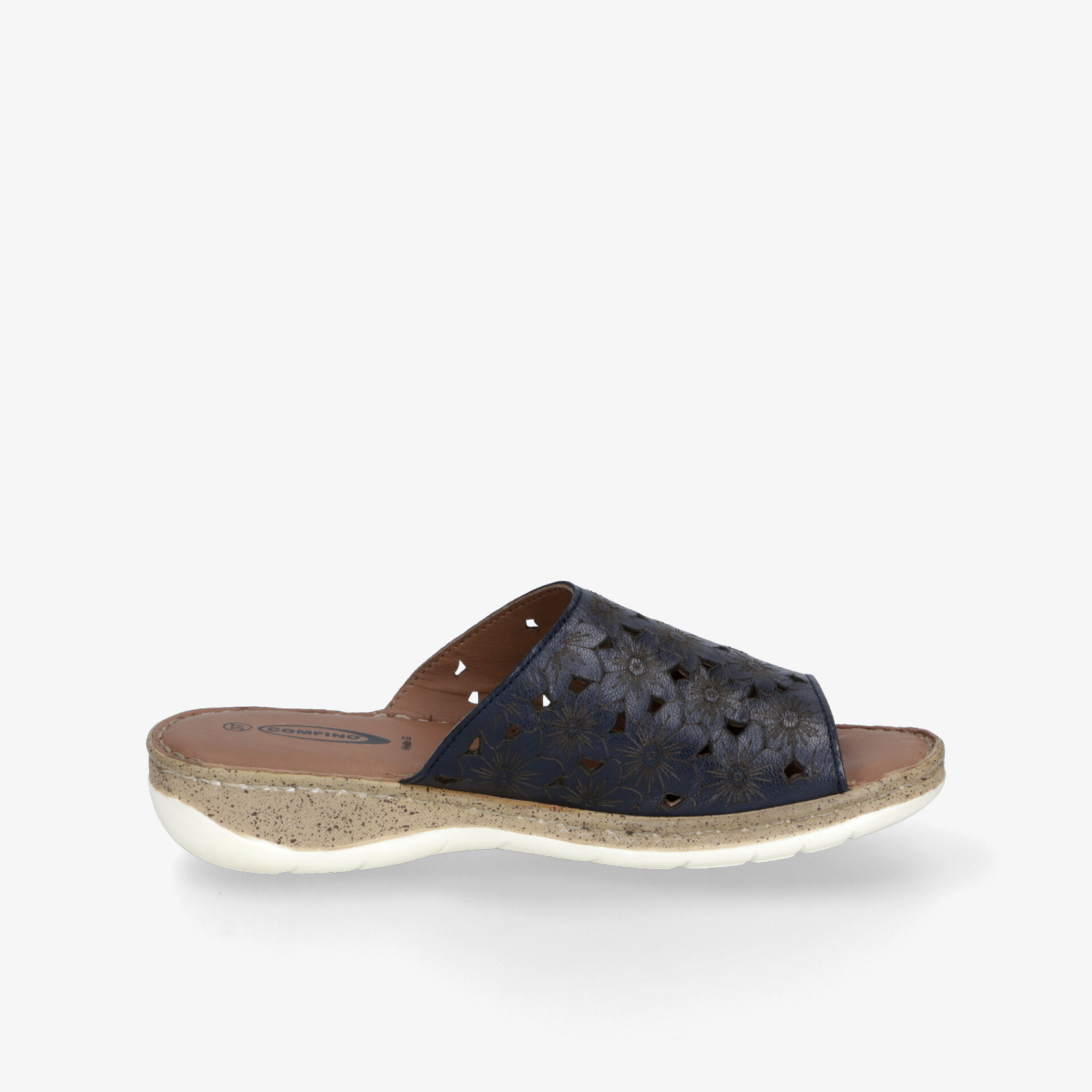 Bequeme schwarze Pantolette mit weichem Fußbett und rutschfester Sohle, seitliche Ansicht