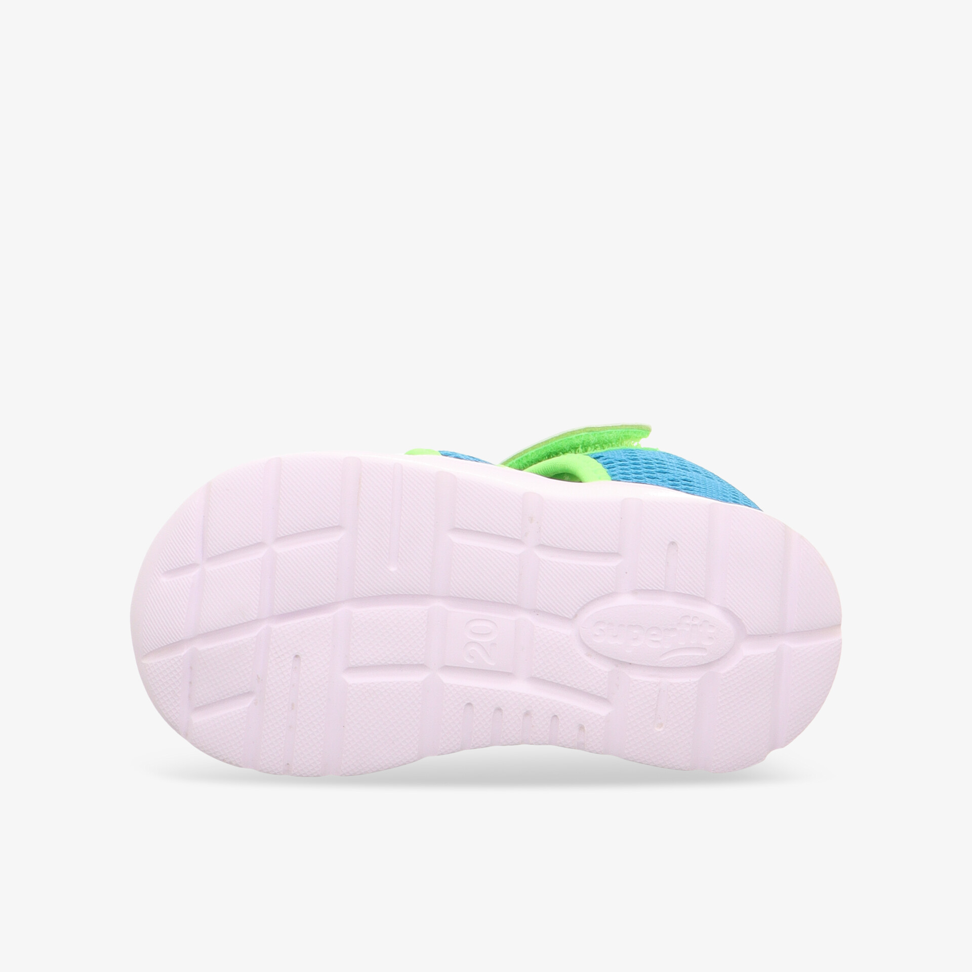 Rutschfeste, flexible und robuste weiße Schuhsohle mit bunten Akzenten und griffigem Profil für hohen Tragekomfort