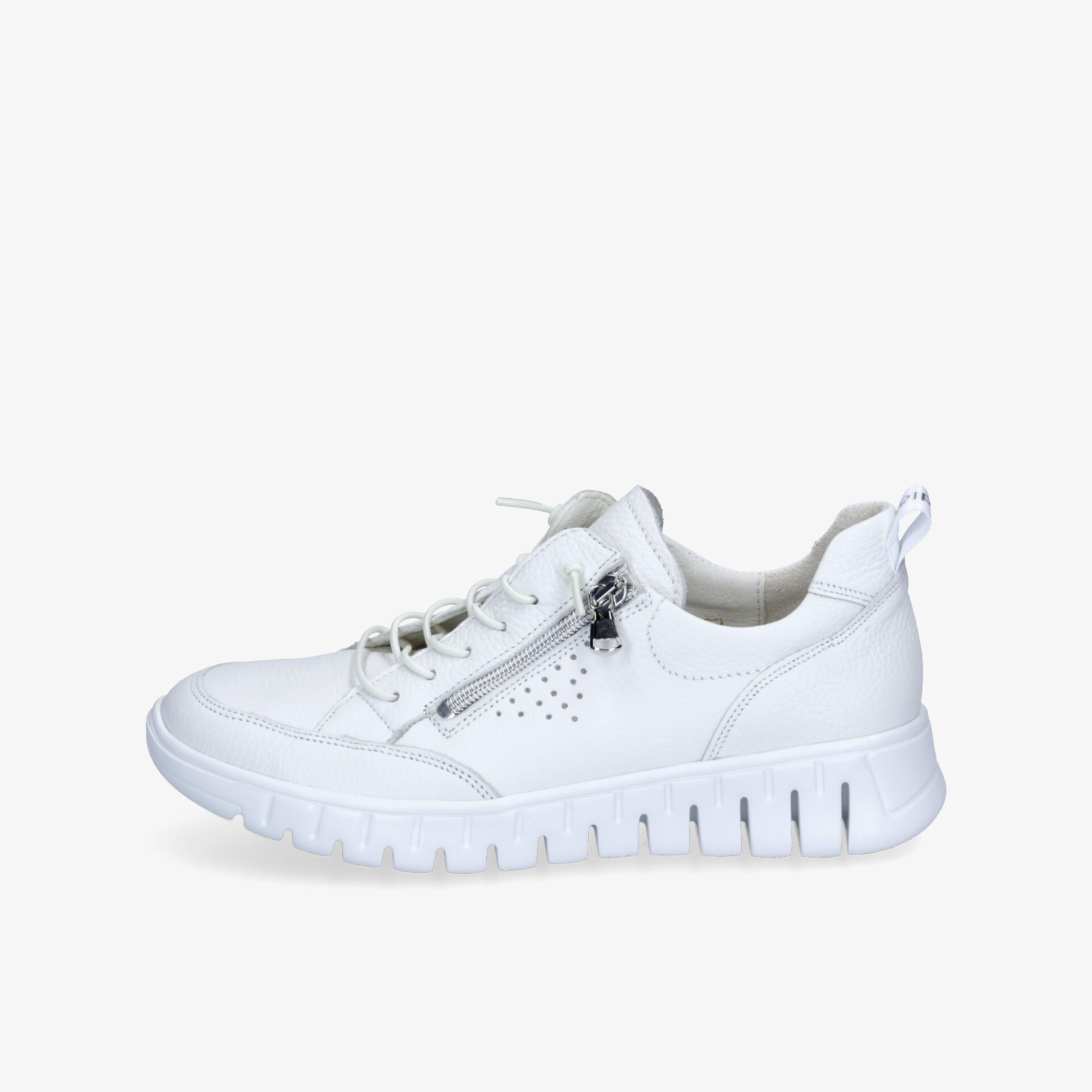 Sportlicher weißer Sneaker seitliche Ansicht mit Reißverschluss und rutschfester flexibler Sohle