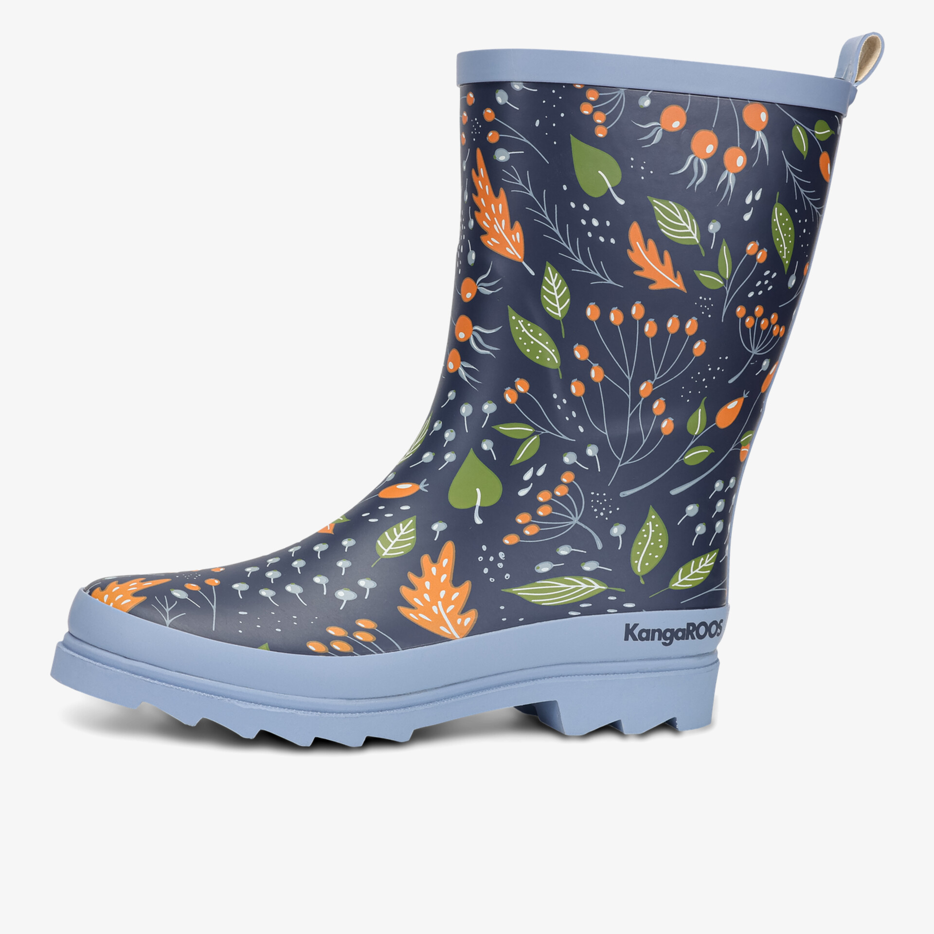 Blauer Gummistiefel mit farbenfrohem Blumenmuster und profilierter rutschfester Sohle für sicheren Halt