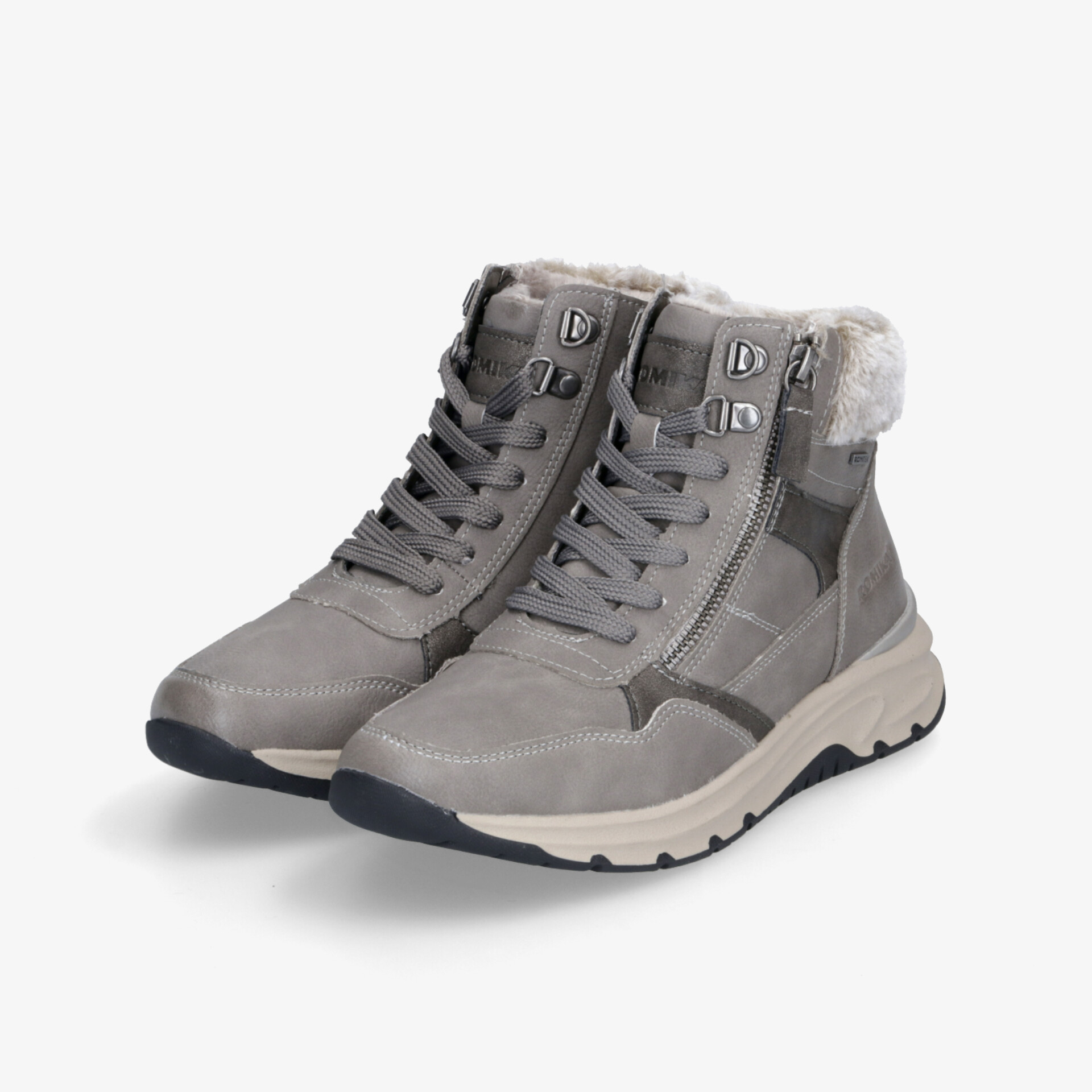 Warme graue Winterstiefel mit weichem Innenfutter und robuster, rutschfester Sohle, komfortabel und modisch gestaltet