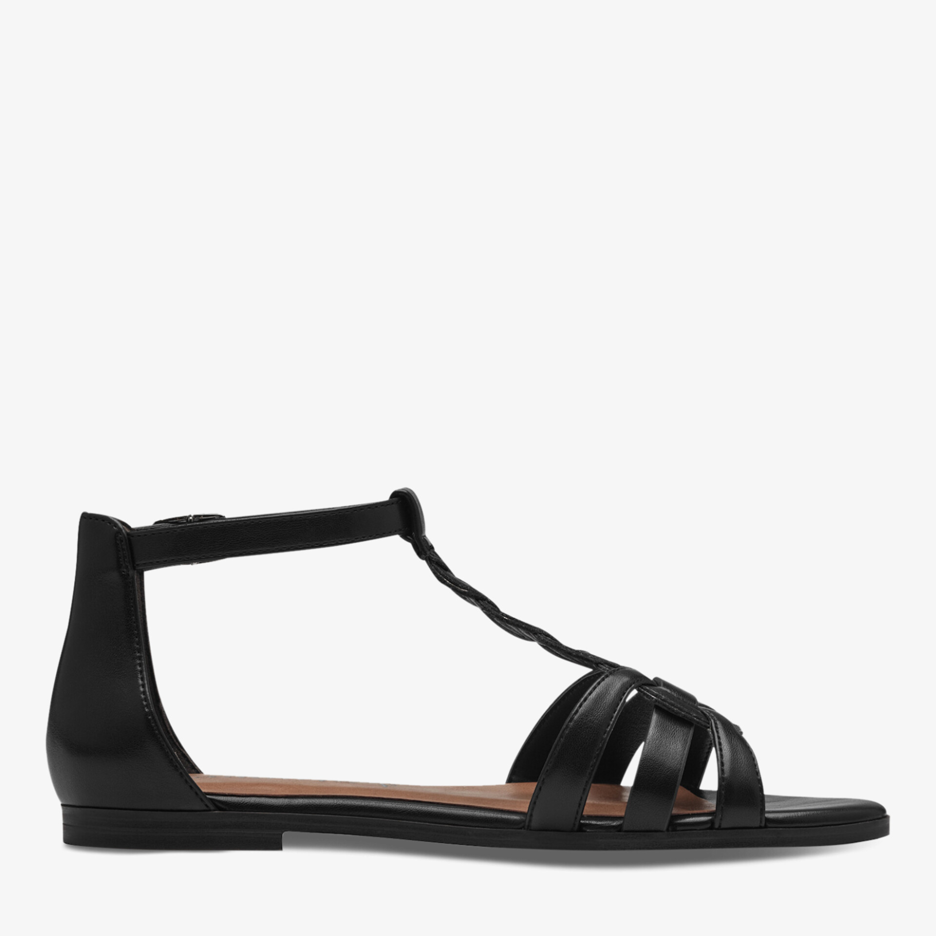 Schwarze flache Sandale mit mehreren Riemen für bequemen und eleganten Sommerkomfort seitlich dargestellt