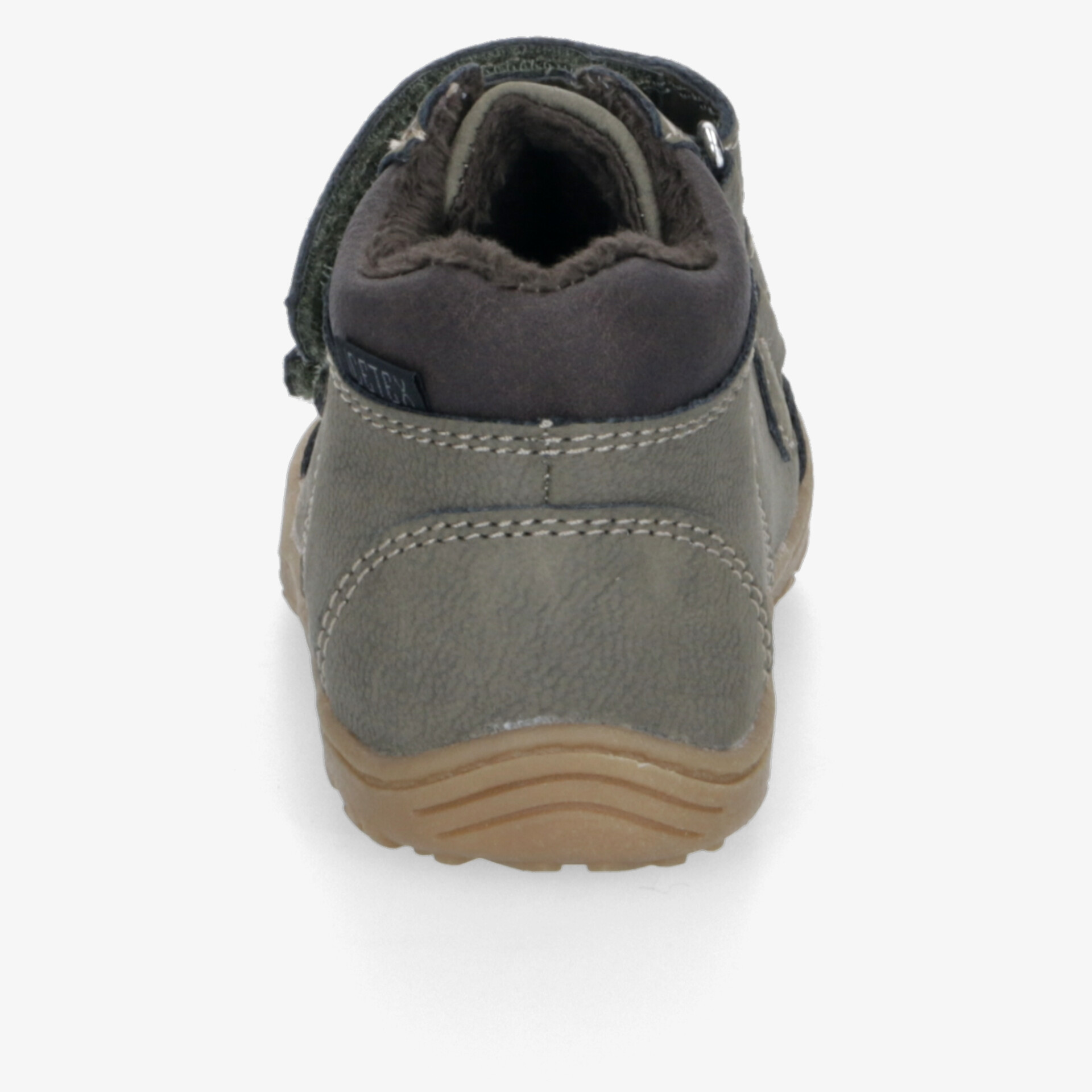 Rückansicht eines grauen schuhs mit dicker gepolsterter Ferse und robuster rutschfester Laufsohle