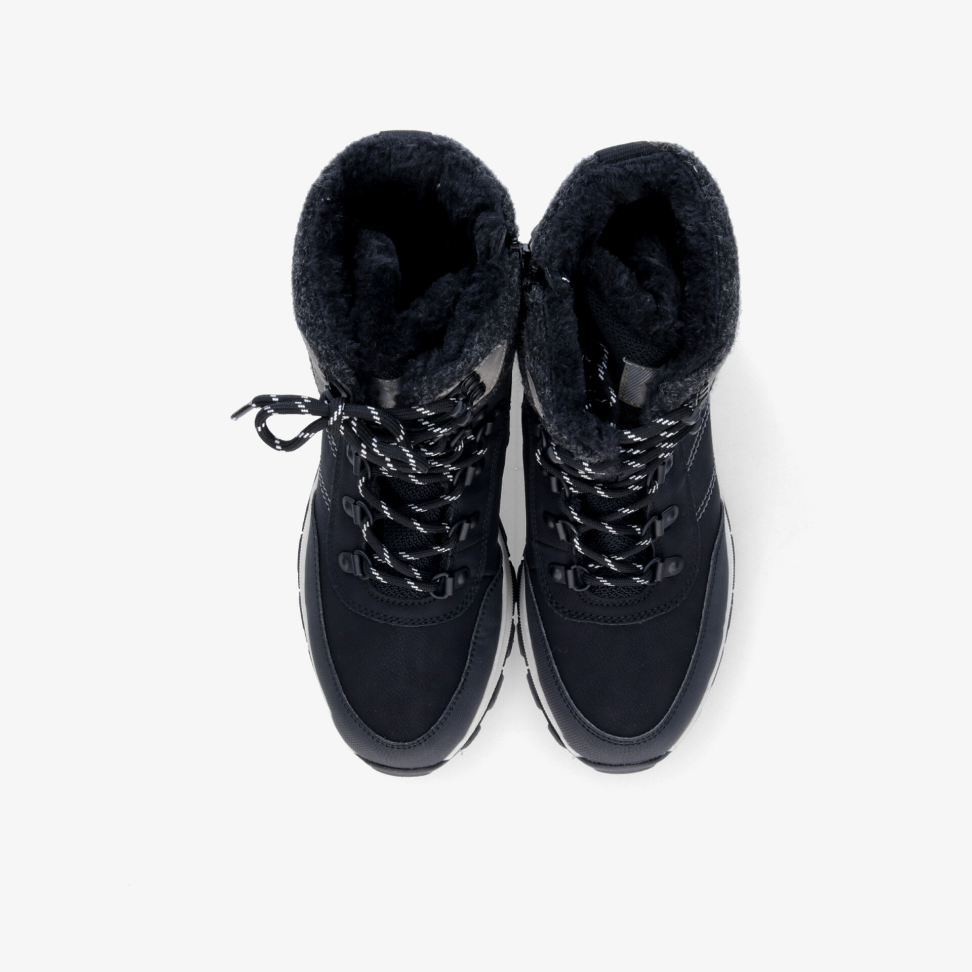 Schwarze Winterschuhe mit warmem, flauschigem Innenfutter und robuster, rutschfester Sohle als Paar von oben