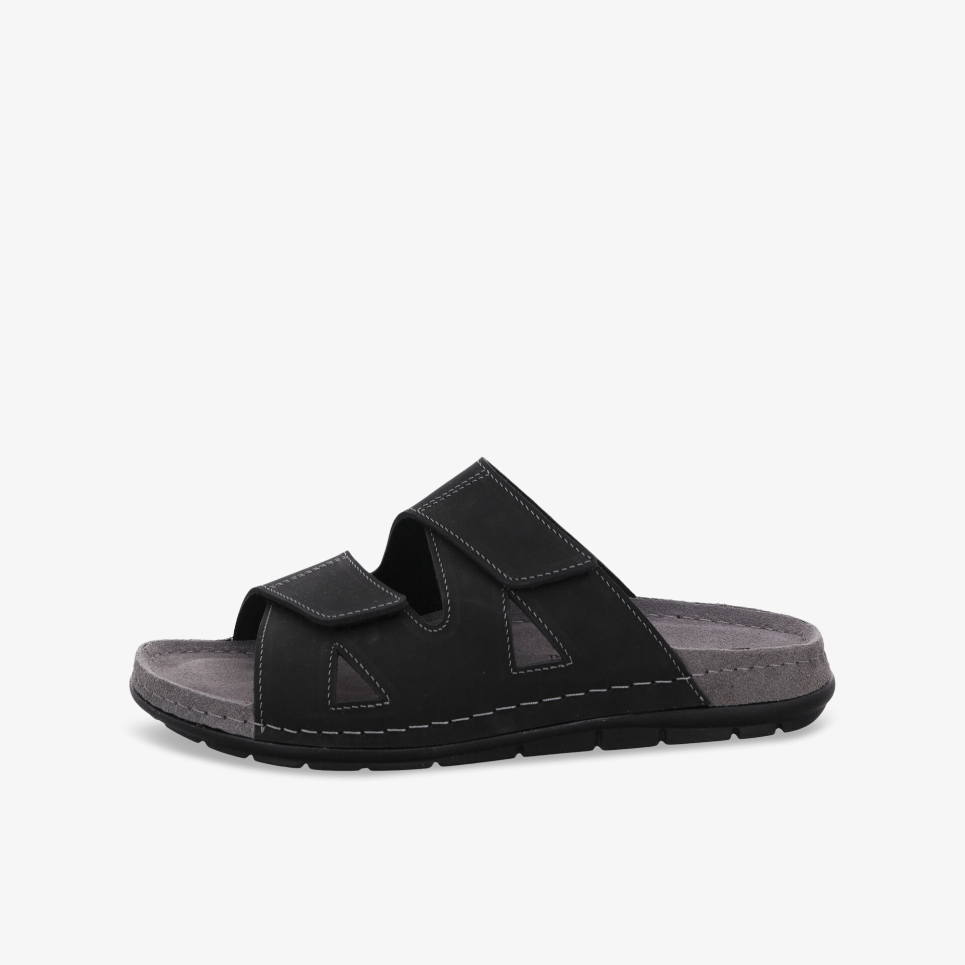 Bequeme schwarze Sandalen mit verstellbaren Riemen und rutschfester Sohle seitlich abgebildet.