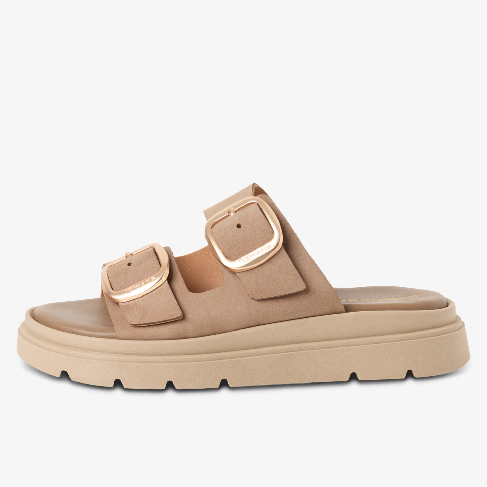 Beige Sandalen mit dekorativen Schnallen und robuster Sohle. Perfekt für den Alltag.