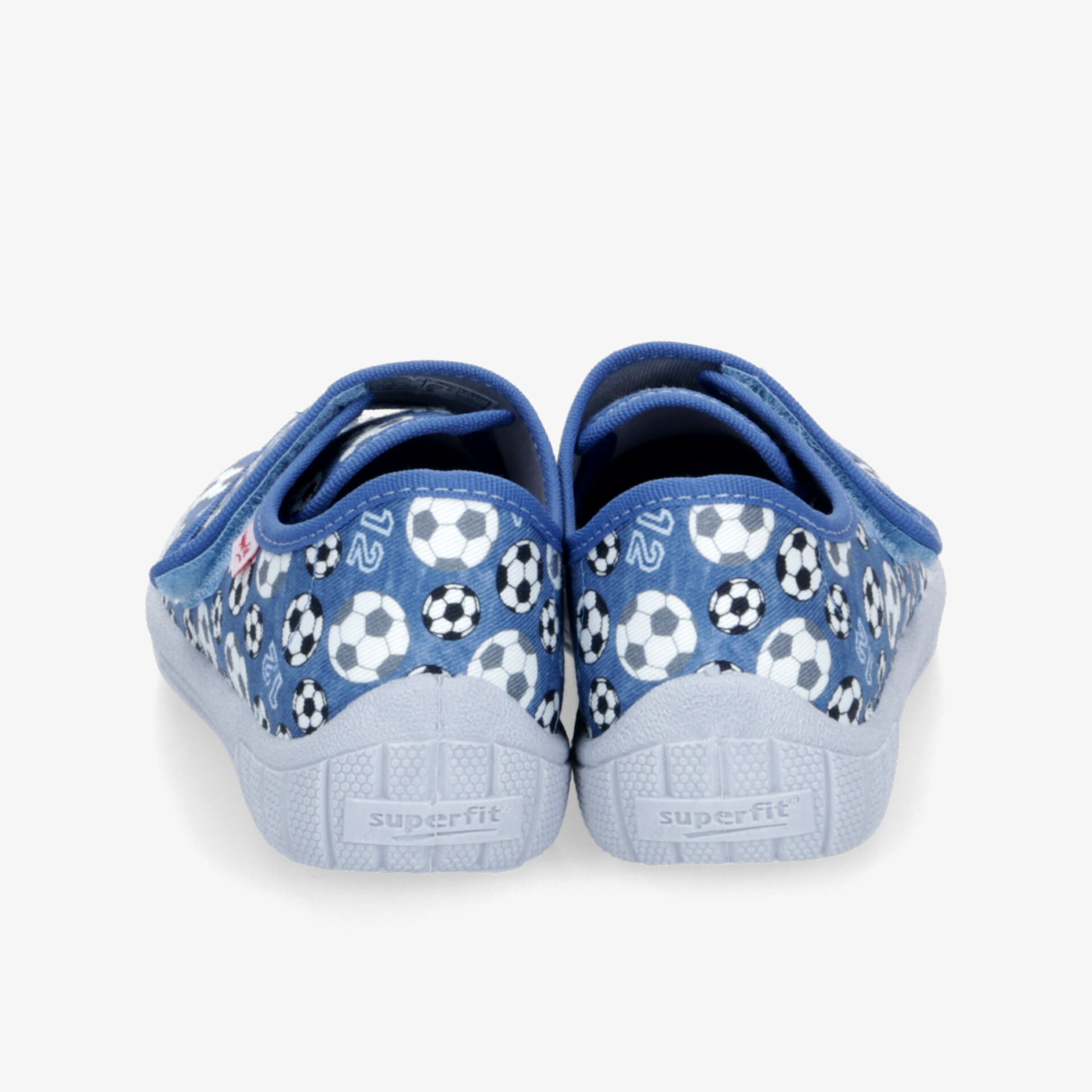 Blaues Paar Schuhe mit auffälligem Fußballmuster und robuster rutschfester Sohle, bequem und langlebig