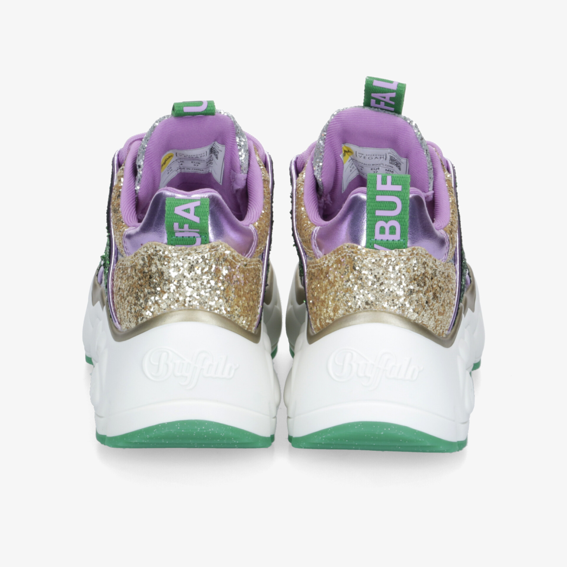 Trendige Sneaker mit lila und goldenen Akzenten, auffälliges Design und sportliche Optik von der Rückseite gezeigt.