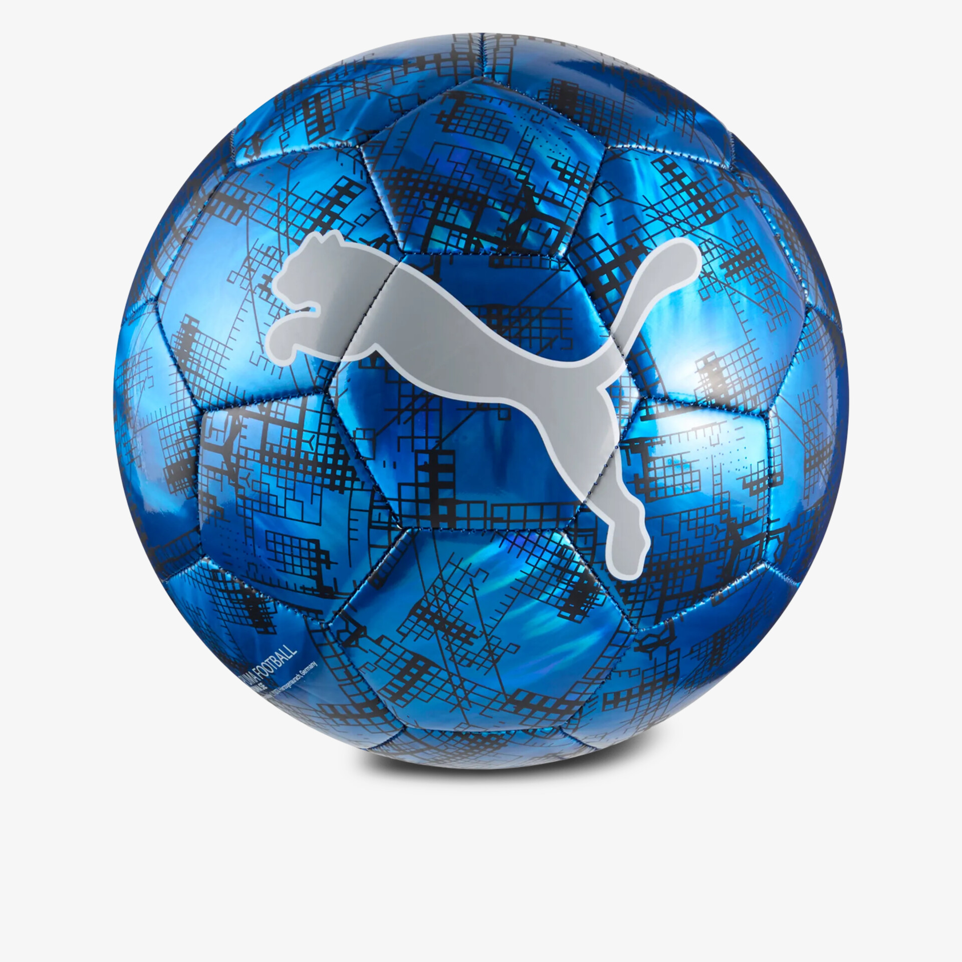 Blauer glänzender Fußball mit hochwertigem Material und markantem Puma Logo, robust und langlebig