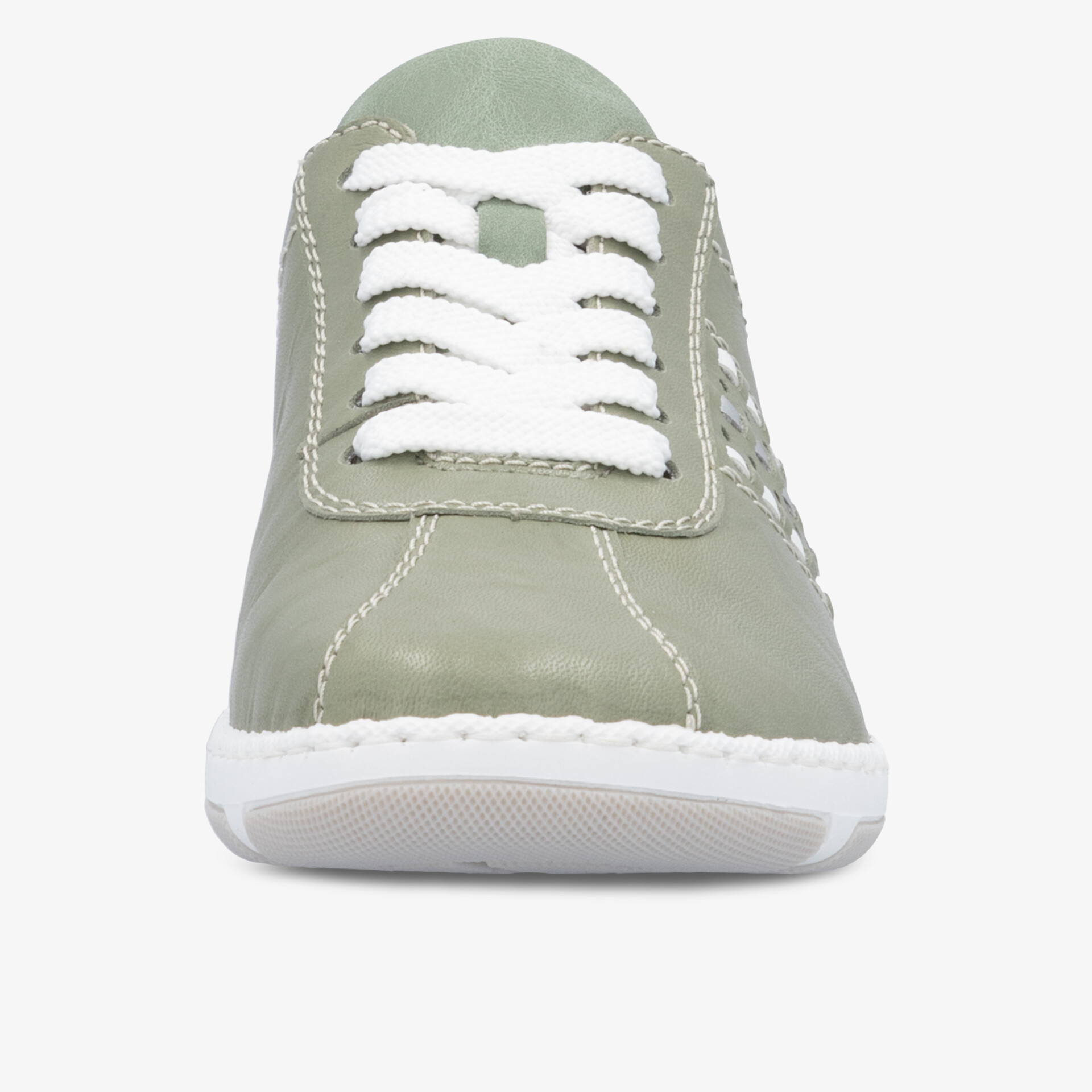 Moderner grüner Ledersneaker mit weißen Schnürsenkeln und bequemer Passform.