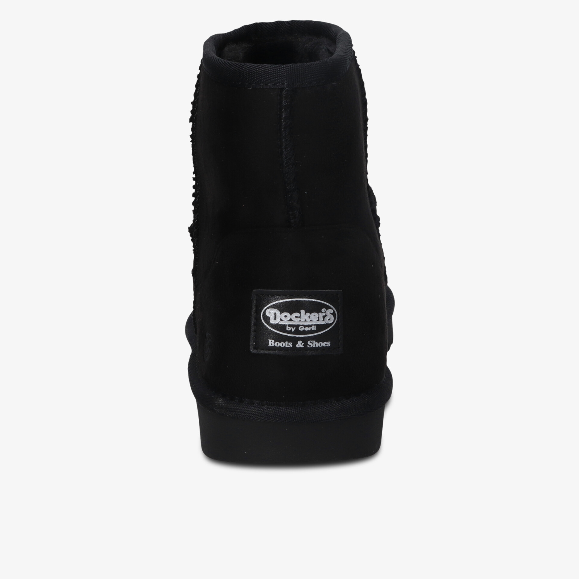 Schwarzer robuster Stiefel mit gepolsterter Sohle und hochwertigem Material, Blick auf die Rückseite