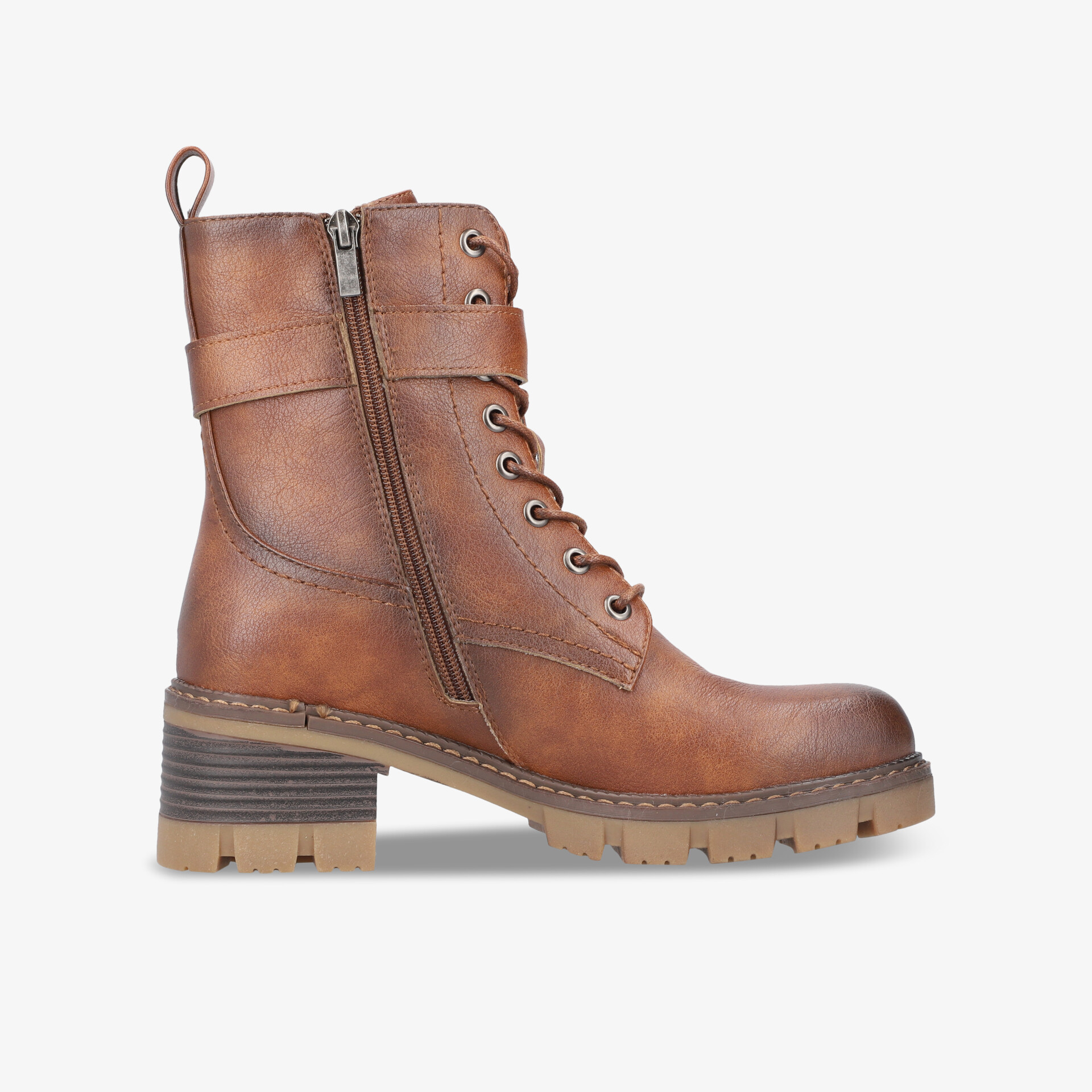 Robuster brauner Lederstiefel mit seitlichem Reißverschluss, Schnürung und stabilem Blockabsatz