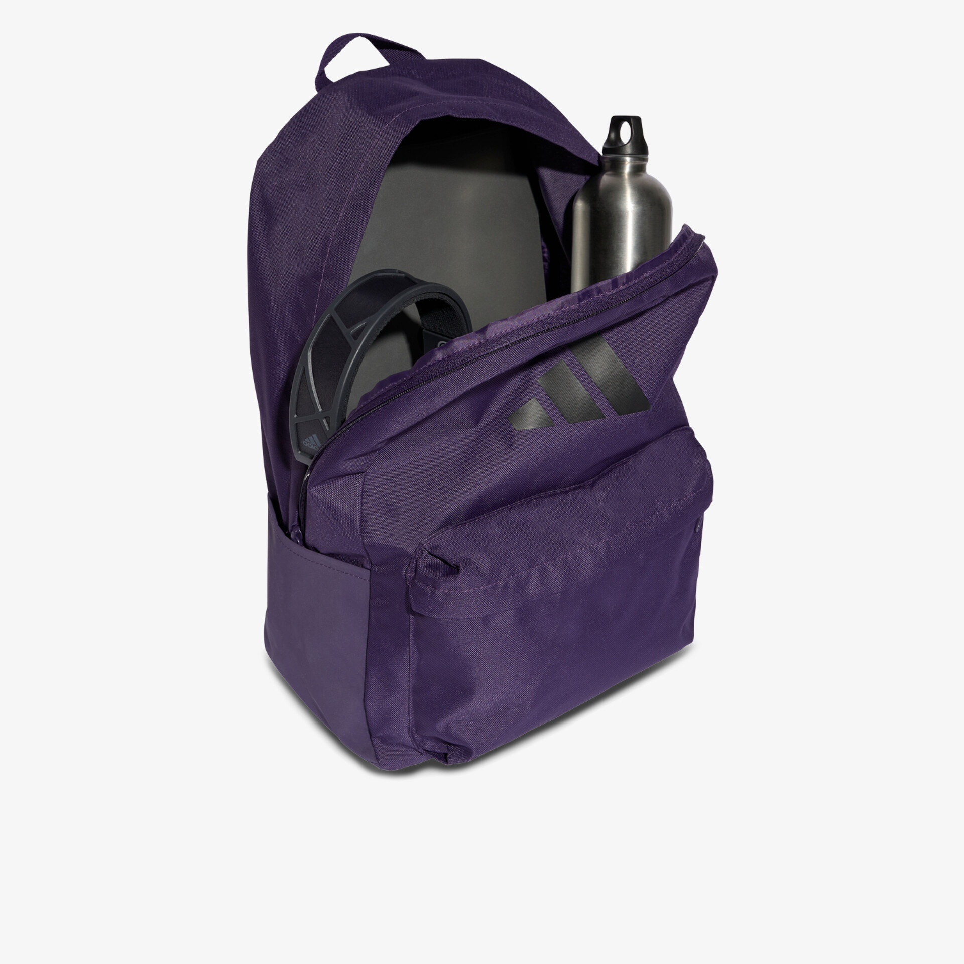 Moderner violetter Rucksack mit mehreren Fächern und Trinkflasche, ideal für Freizeit und Alltag