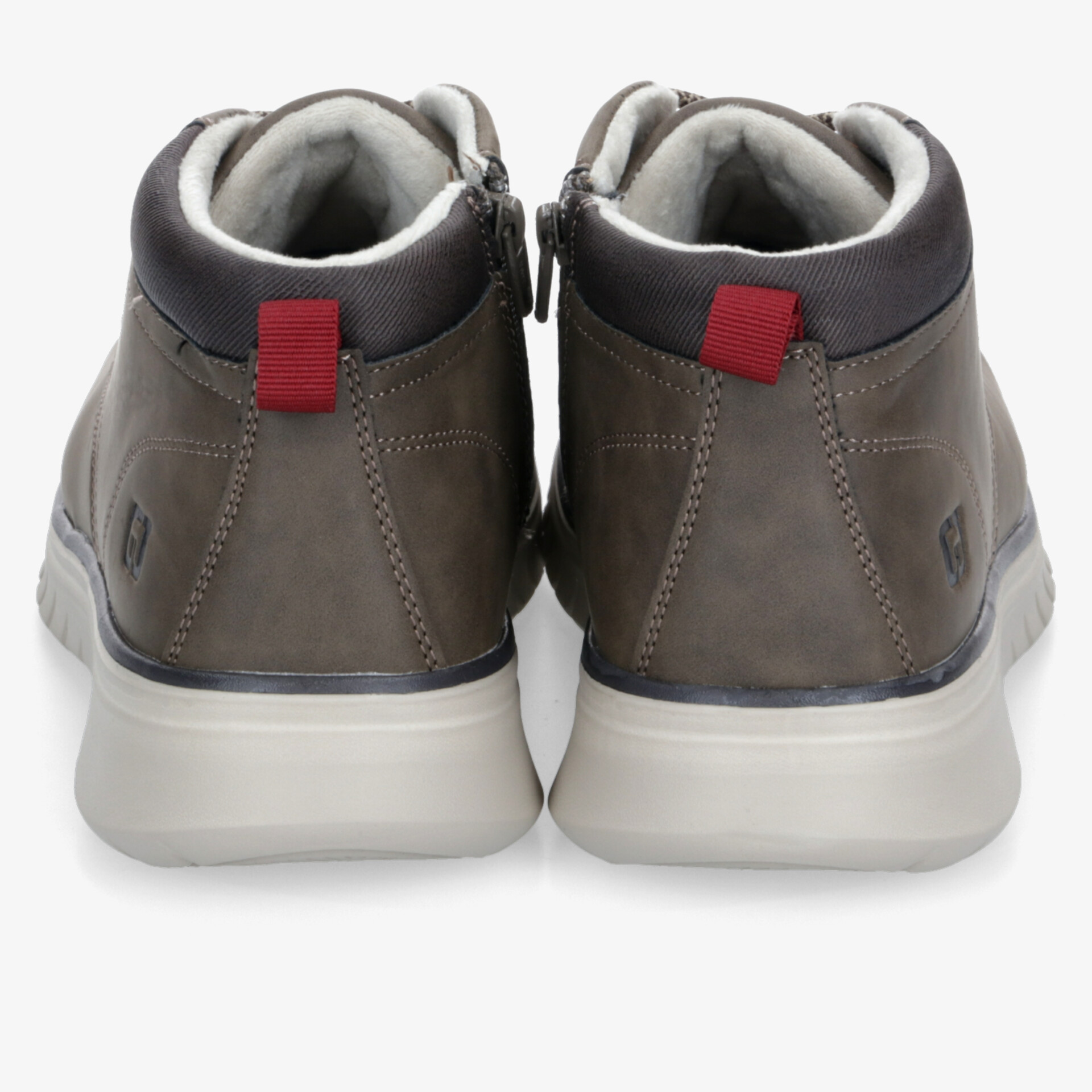 Graue Sneaker mit gepolstertem Schaft, praktischem Reißverschluss und robuster, komfortabler Sohle Rückansicht