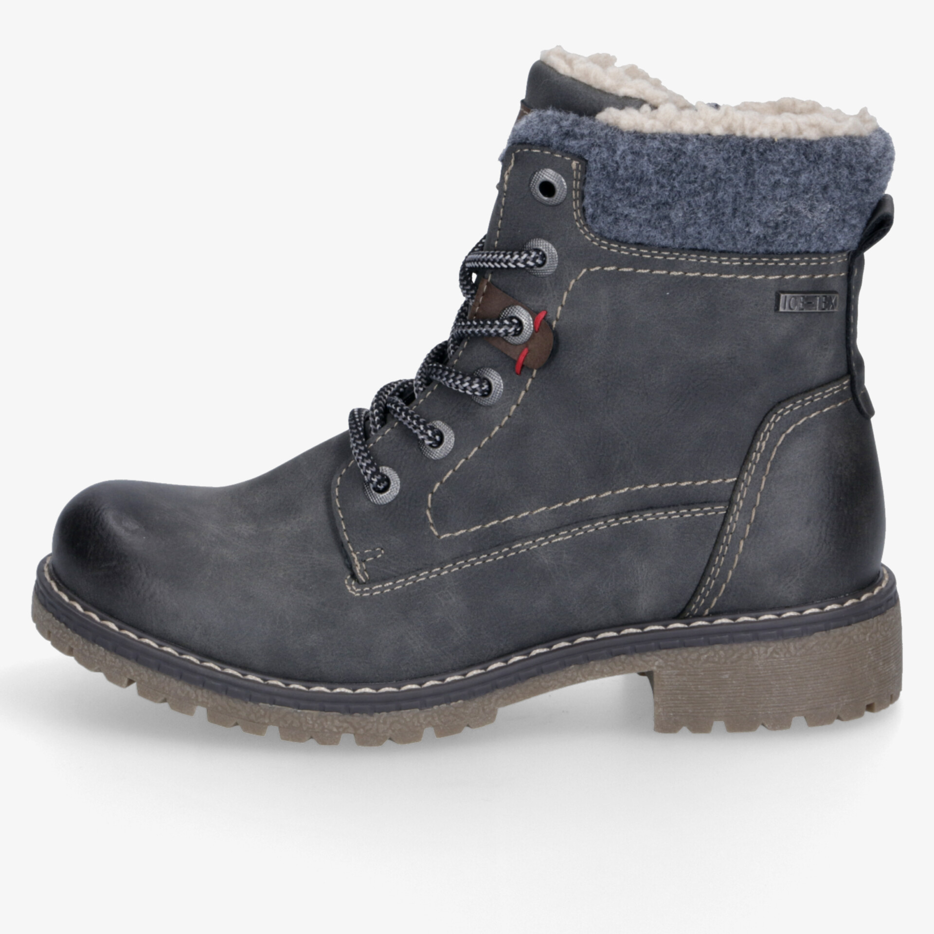 robuster schwarzer Winterstiefel mit warmem Innenfutter und rutschfester Sohle in seitlicher Ansicht