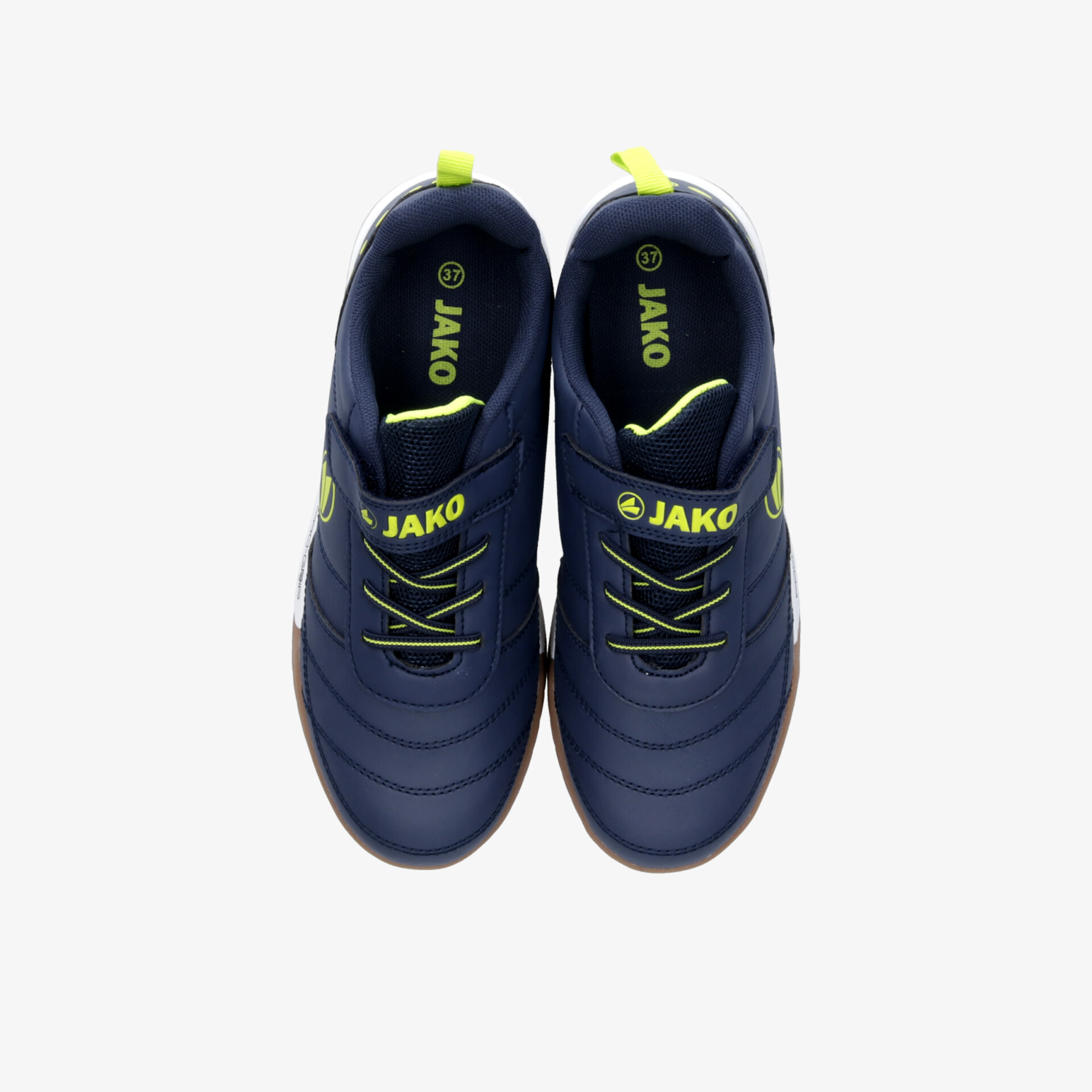 Sportliche blaue Schuhe mit gelben Details, bequem und stabil, leichtes Material und moderne Optik, Paaransicht von oben