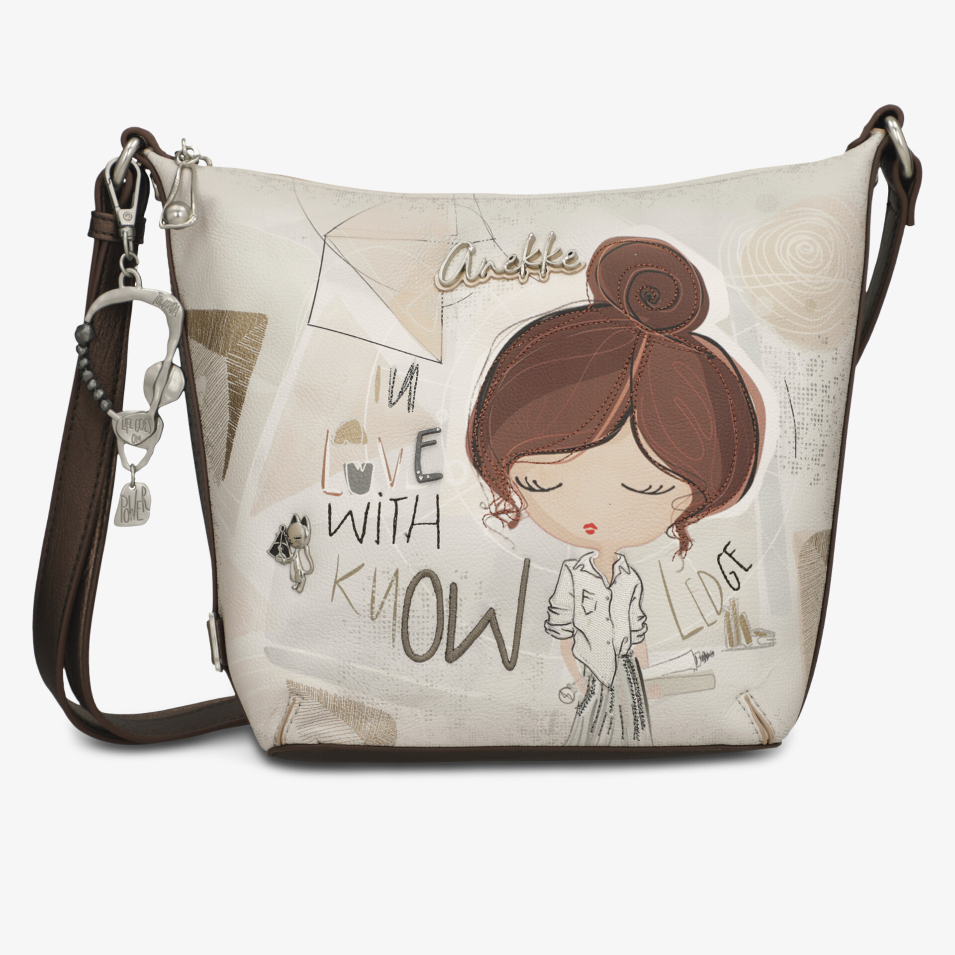 Beige Umhängetasche mit braunem Schulterriemen und dekorativer Illustration, ideal für den Alltag