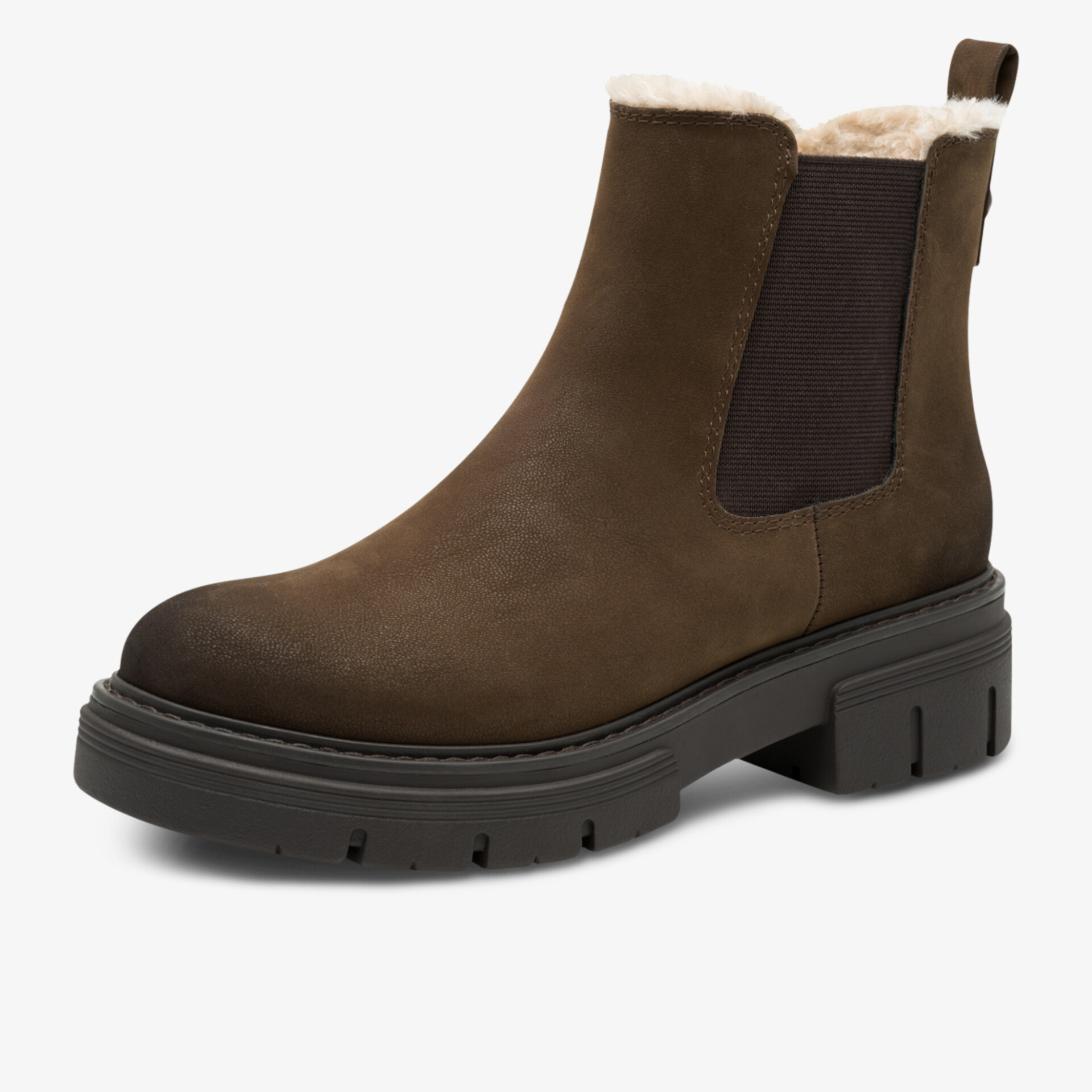 Braune Leder Stiefelette mit warmem Futter, elastischem Einsatz und robuster Profilsohle