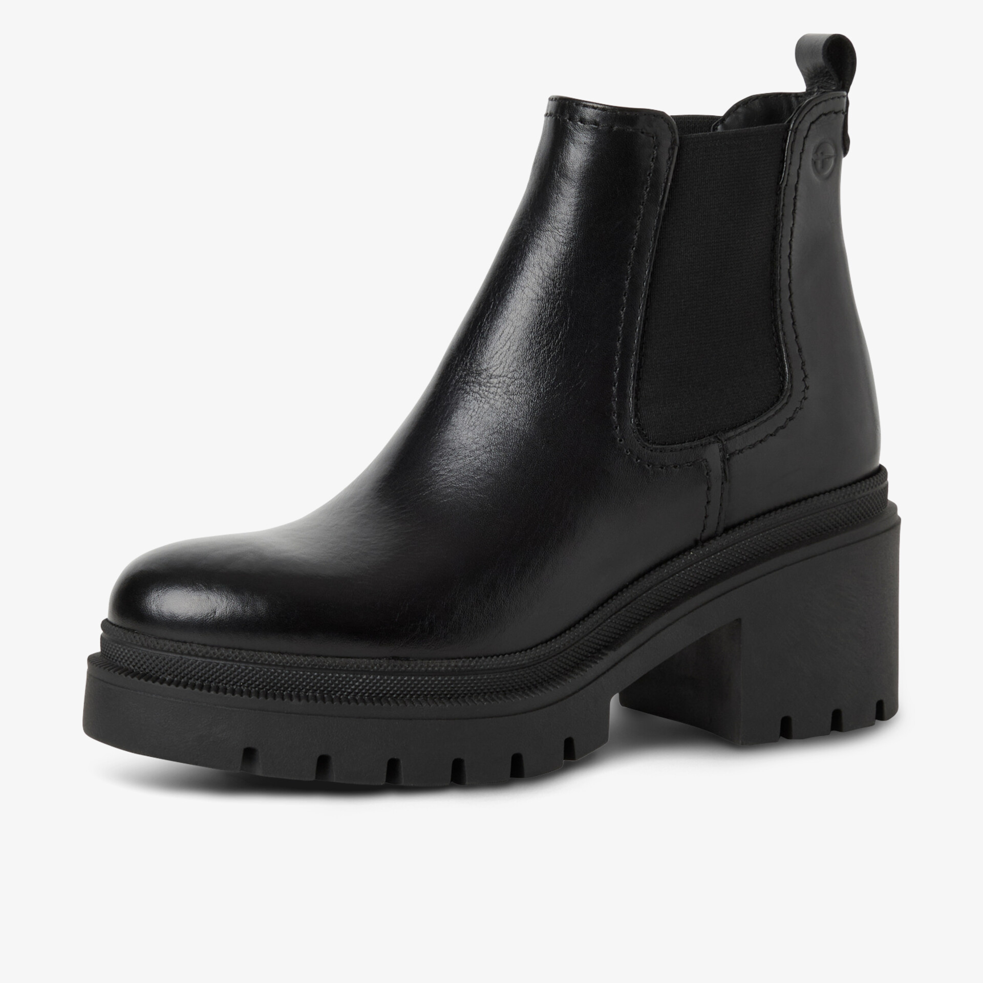 Schwarzer Chelsea Boot mit robustem Blockabsatz und profilierter Sohle aus glattem Leder, stilvoll und vielseitig