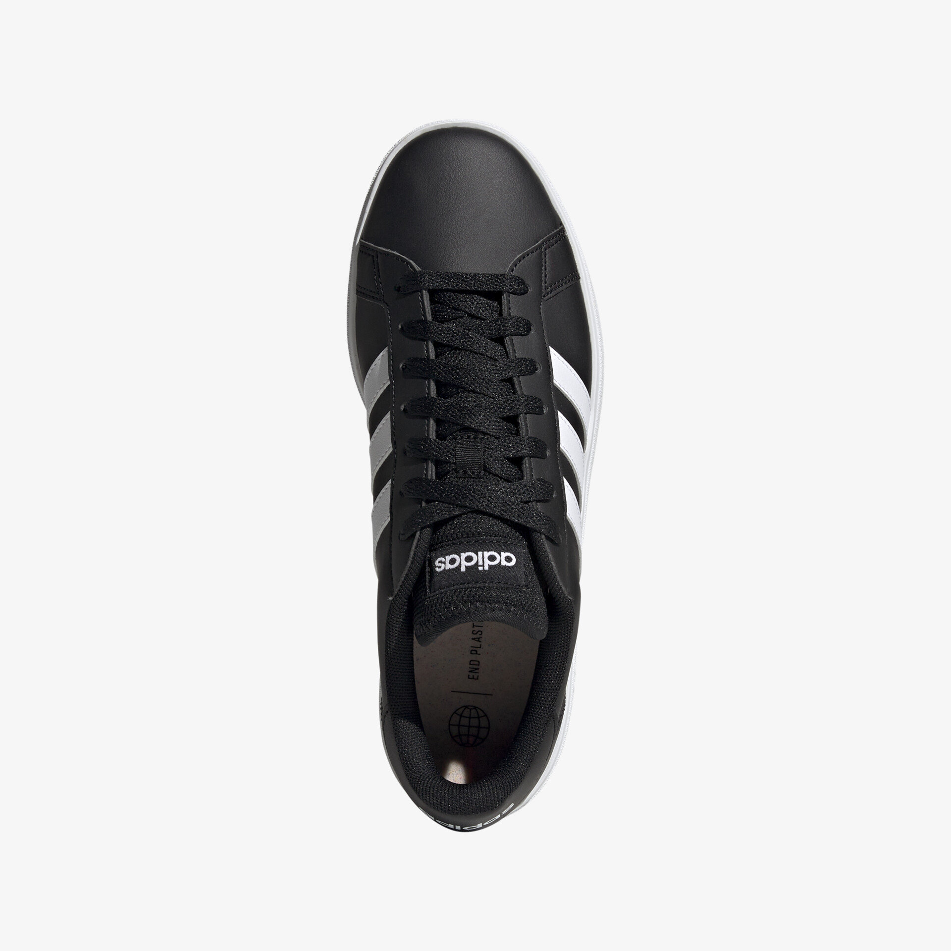 Schwarzer Sneaker mit markanten weißen Streifen und bequemer Passform von oben betrachtet.