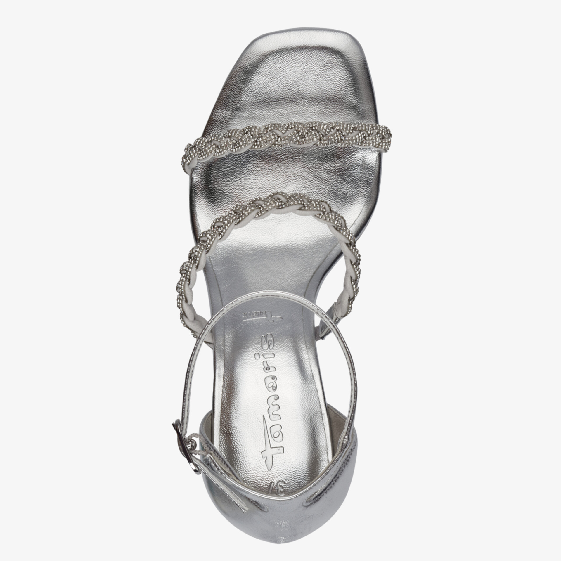 Elegante silberne Sandale mit geflochtenen Riemen und quadratischer Zehenpartie, verstellbar und komfortabel