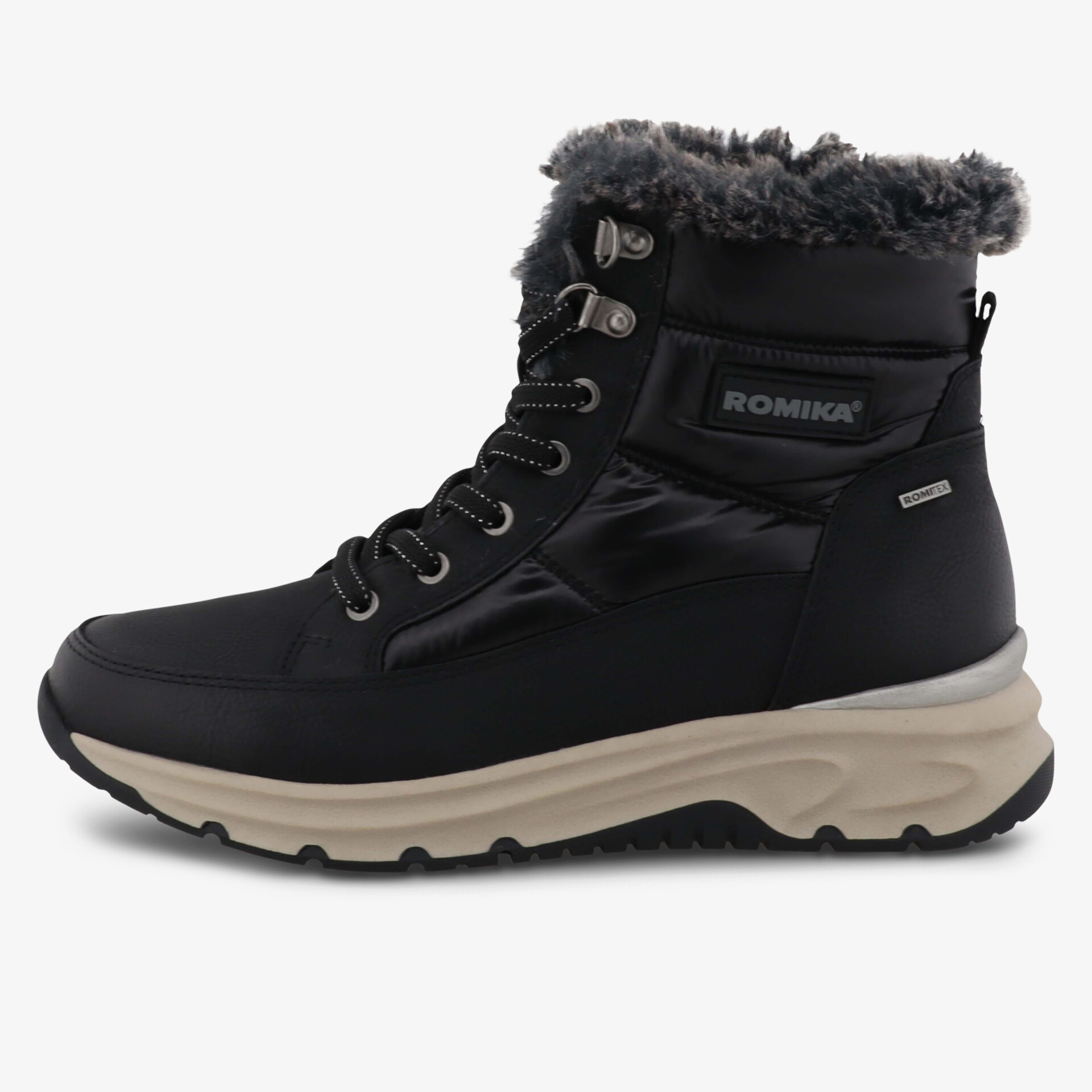 Wasserabweisender Winterstiefel mit warmer Fütterung und robuster rutschfester Sohle in seitlicher Ansicht