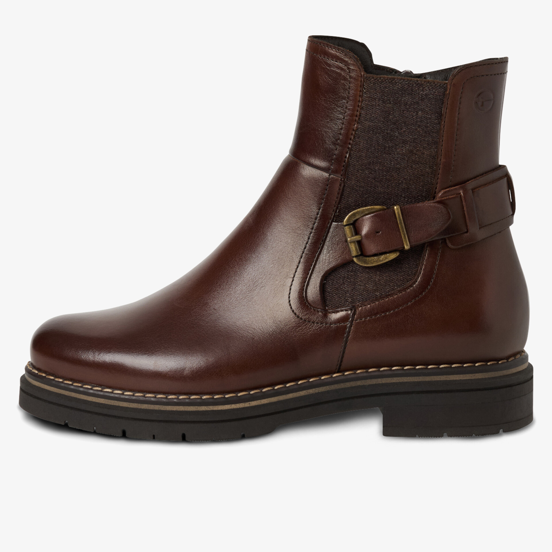 Schlichter brauner Leder-Stiefel mit Schnallenverschluss, robust und bequem, klare Seitenansicht