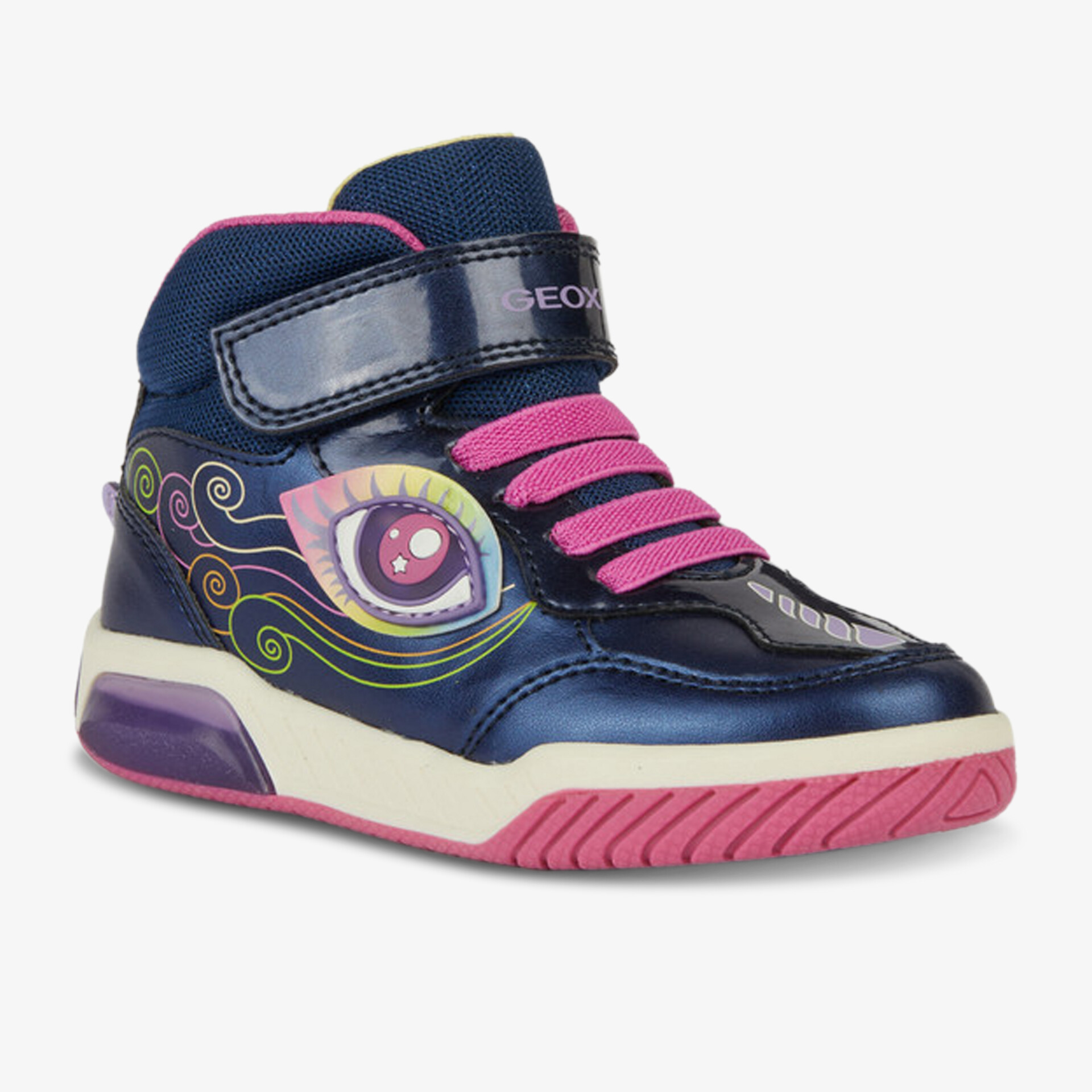 Stylischer Schuh mit Augen-Design, elastischen Schnürsenkeln und Klettverschluss für optimalen Komfort und Halt.