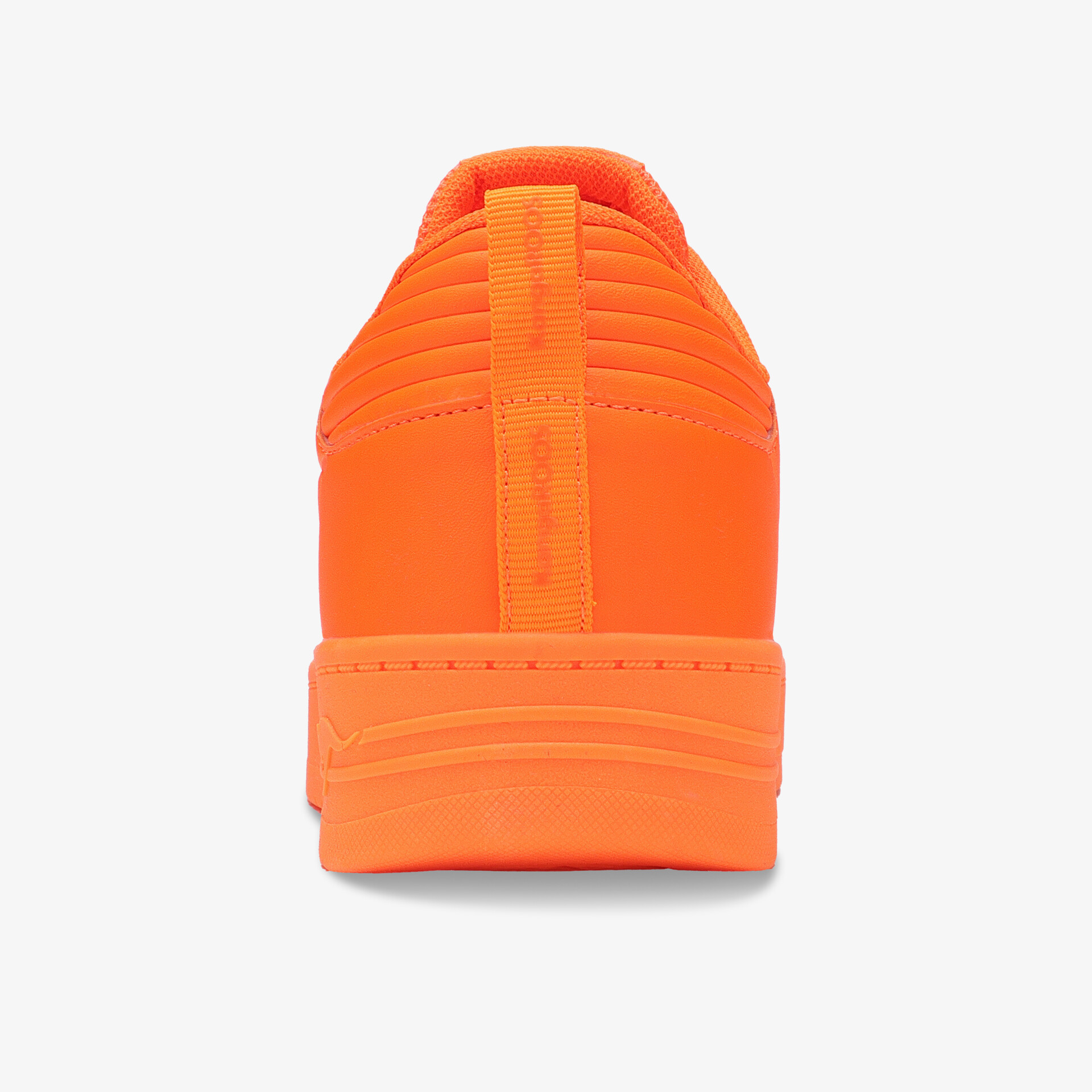 Leuchtend orange Sneaker in moderner Form mit gepolstertem Schuhkragen und robuster, komfortabler Sohle, Rückansicht