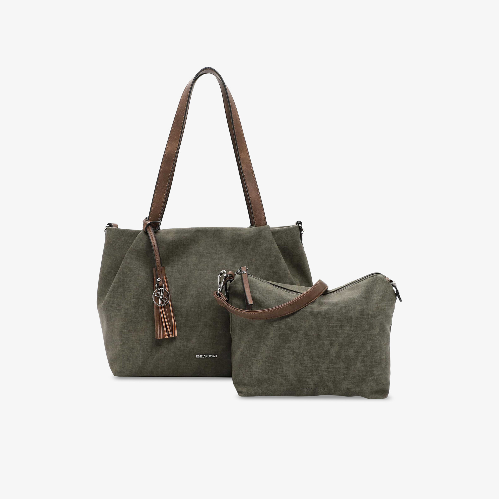 Schlichtes olivgrünes Taschenset mit braunen Ledergriffen und dekorativer Quaste, geräumig und praktisch