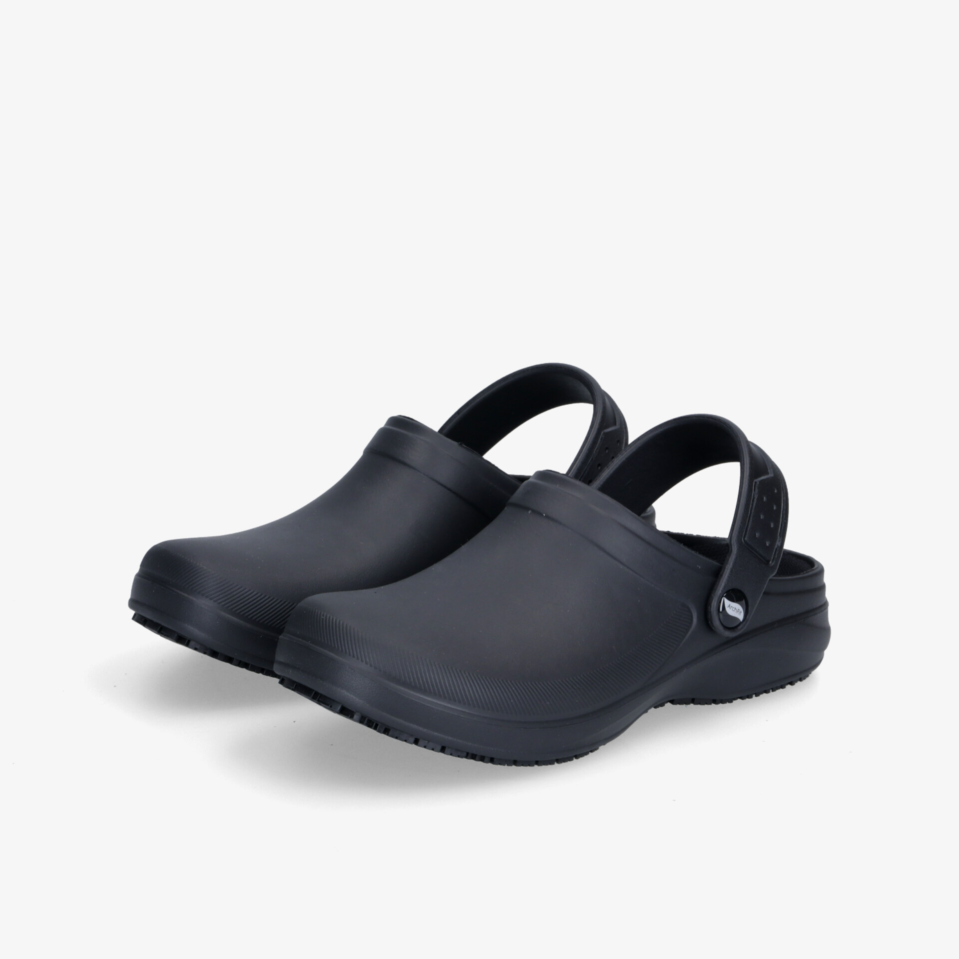 Leichte und komfortable Clogs in Schwarz mit rutschfester Sohle und verstellbarem Fersenriemen.