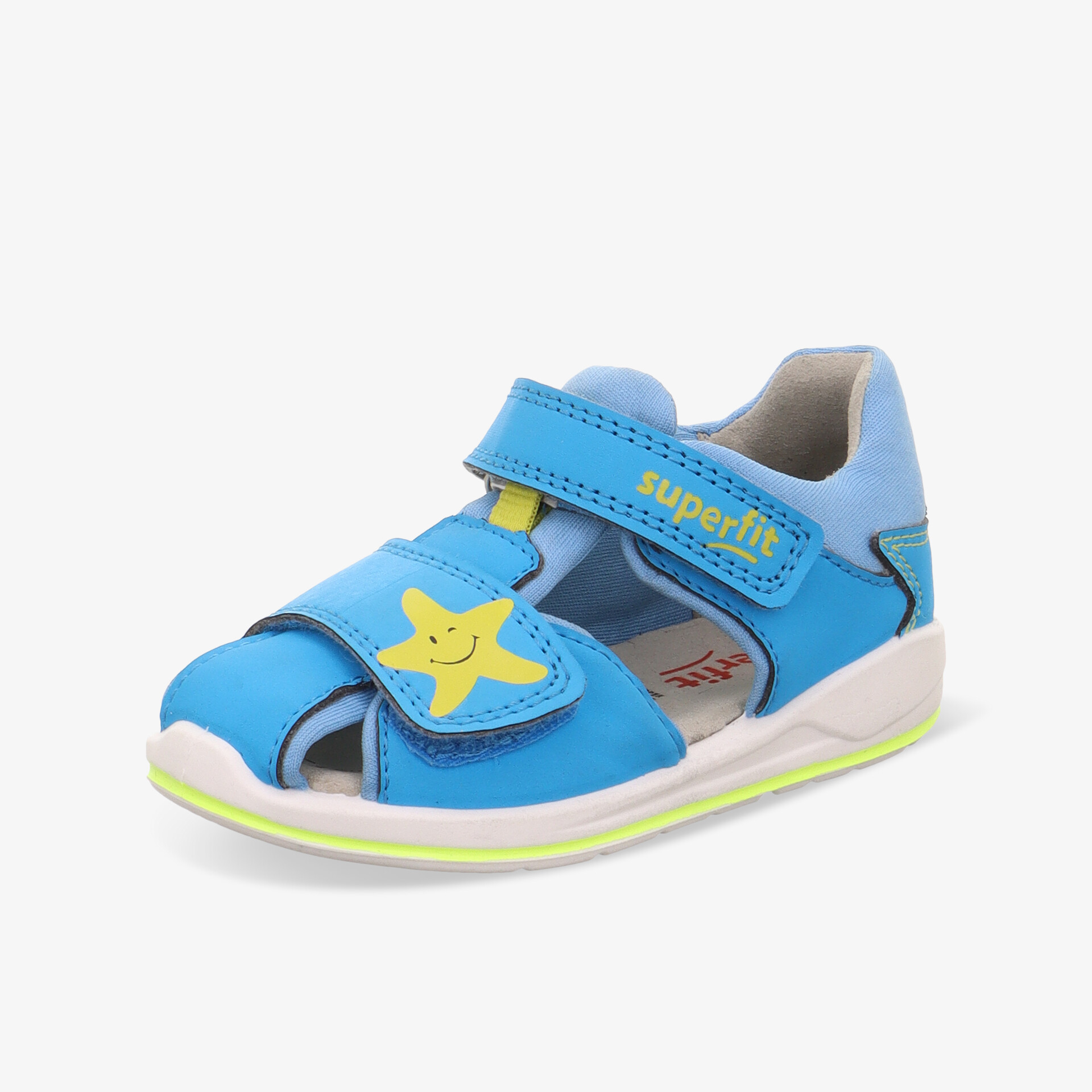 Leichte blaue Sandale mit Klettverschluss und weicher Sohle, ideal für bequemen und sicheren Halt