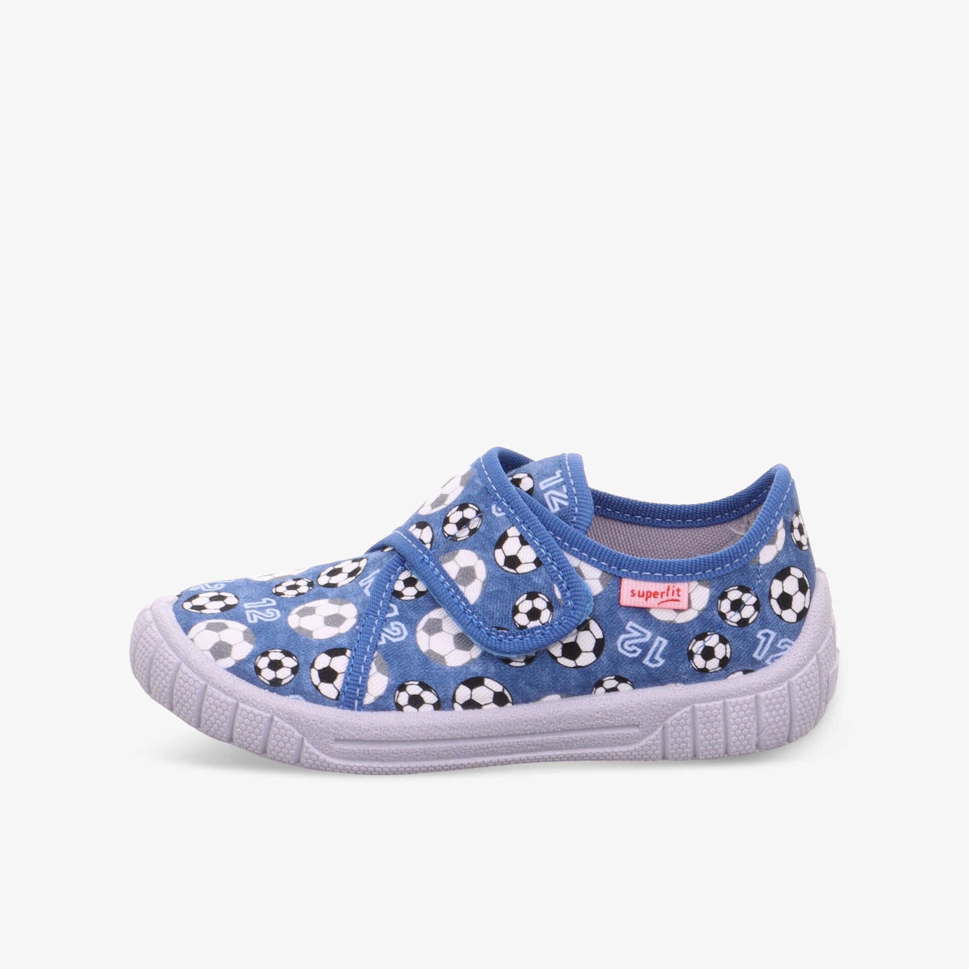 Blauer Stoffschuh mit weißem Blumenmuster, praktischem Klettverschluss und flexibler, rutschfester Sohle