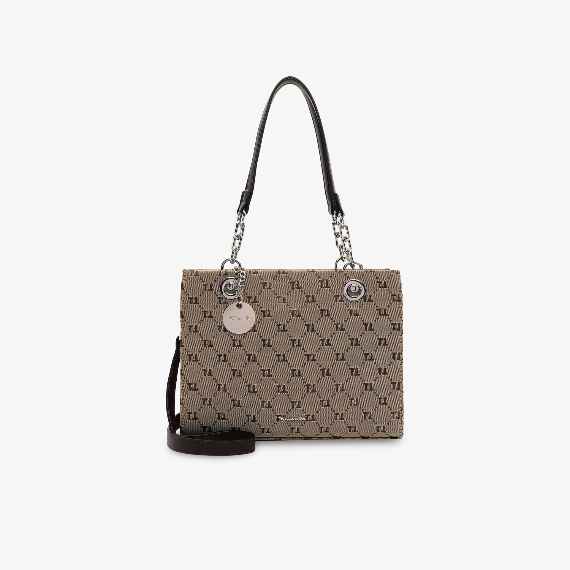 Elegante beige Handtasche mit auffälligem Logo-Muster, stabilen Metall-Details und verstellbarem Schulterriemen