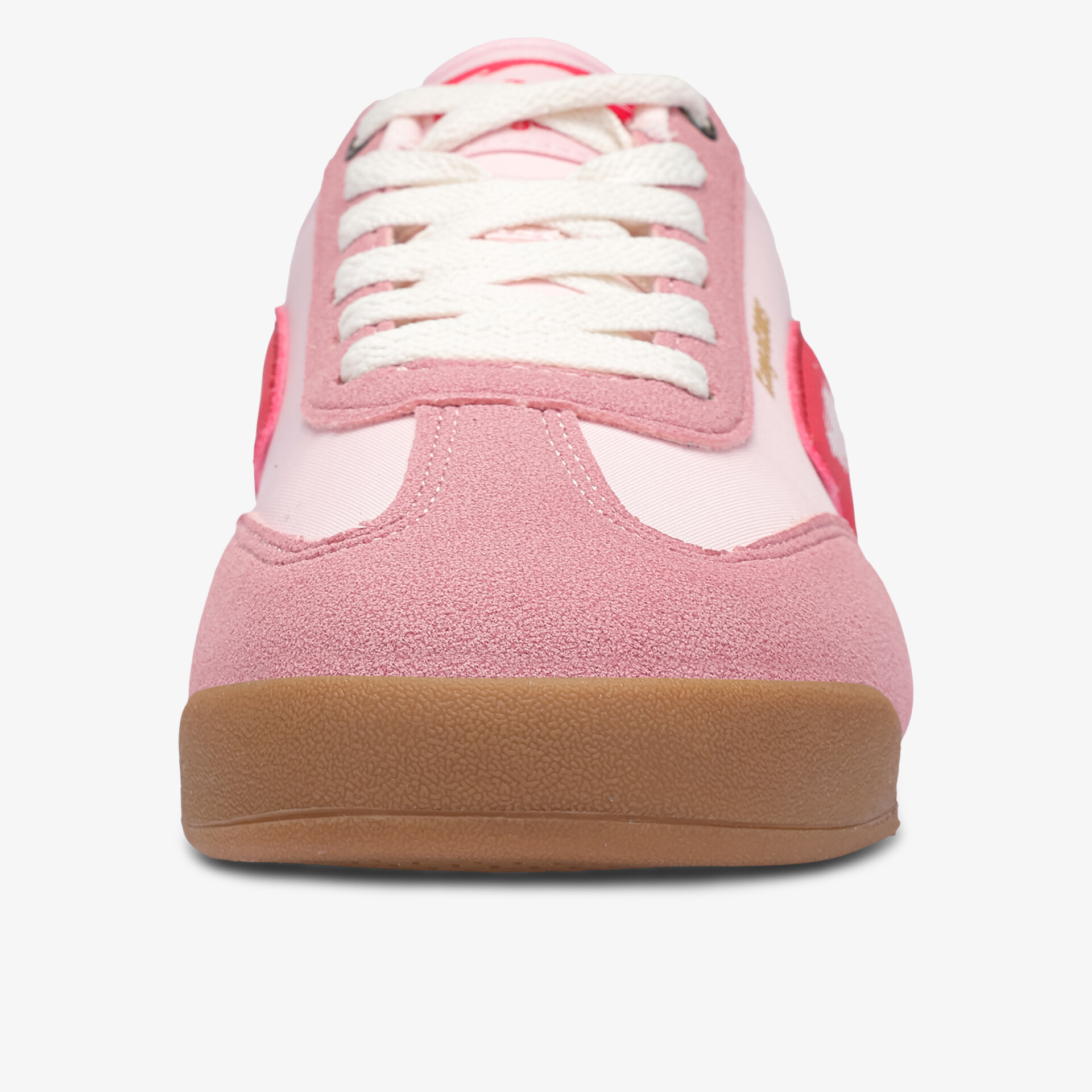 Frontansicht rosa Sneaker mit Gummisohle und weißen Schnürsenkeln, sportlich und modern