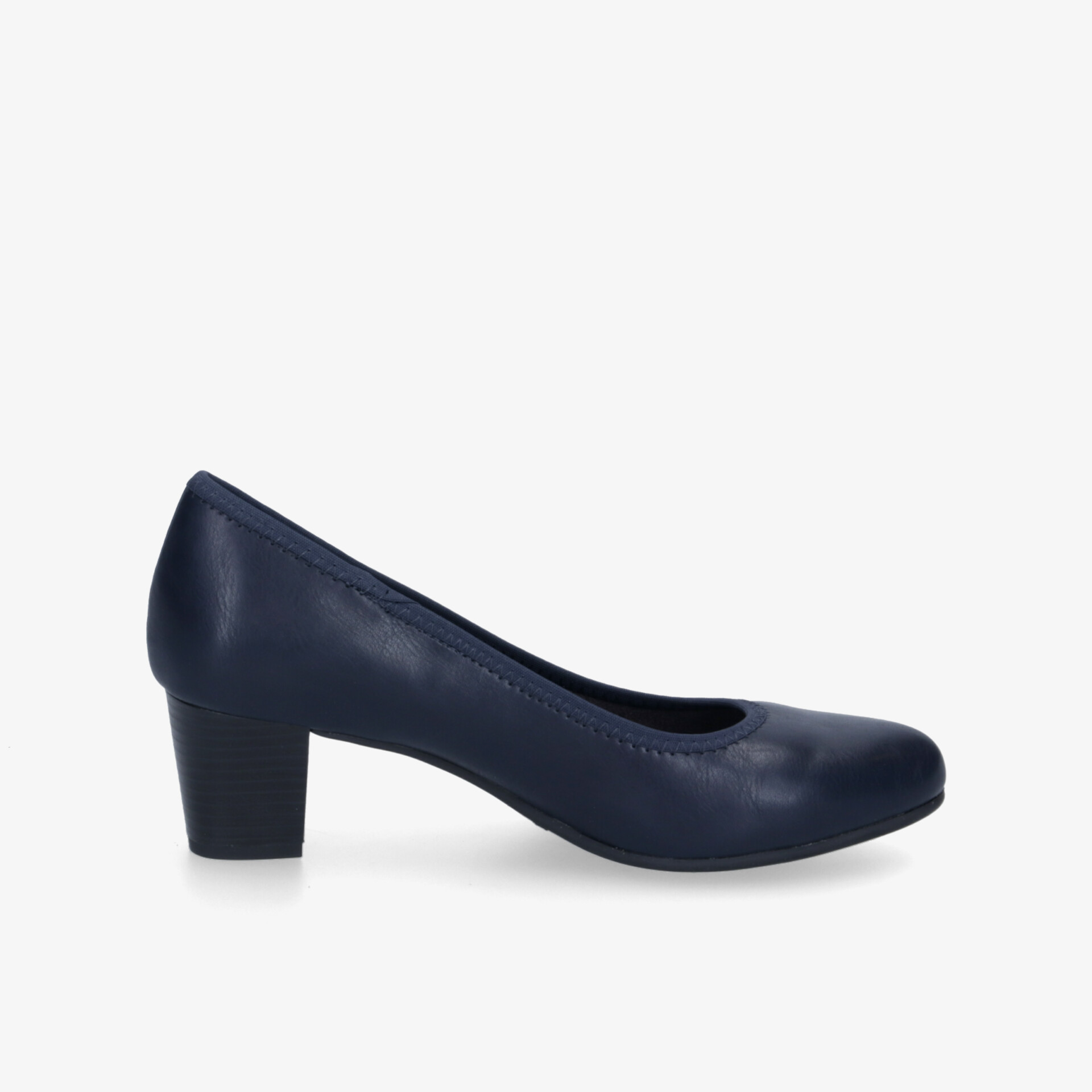 Klassischer blauer Pumps mit mittelhohem Blockabsatz, seitlich abgebildet, ideal für Büro und Freizeit.