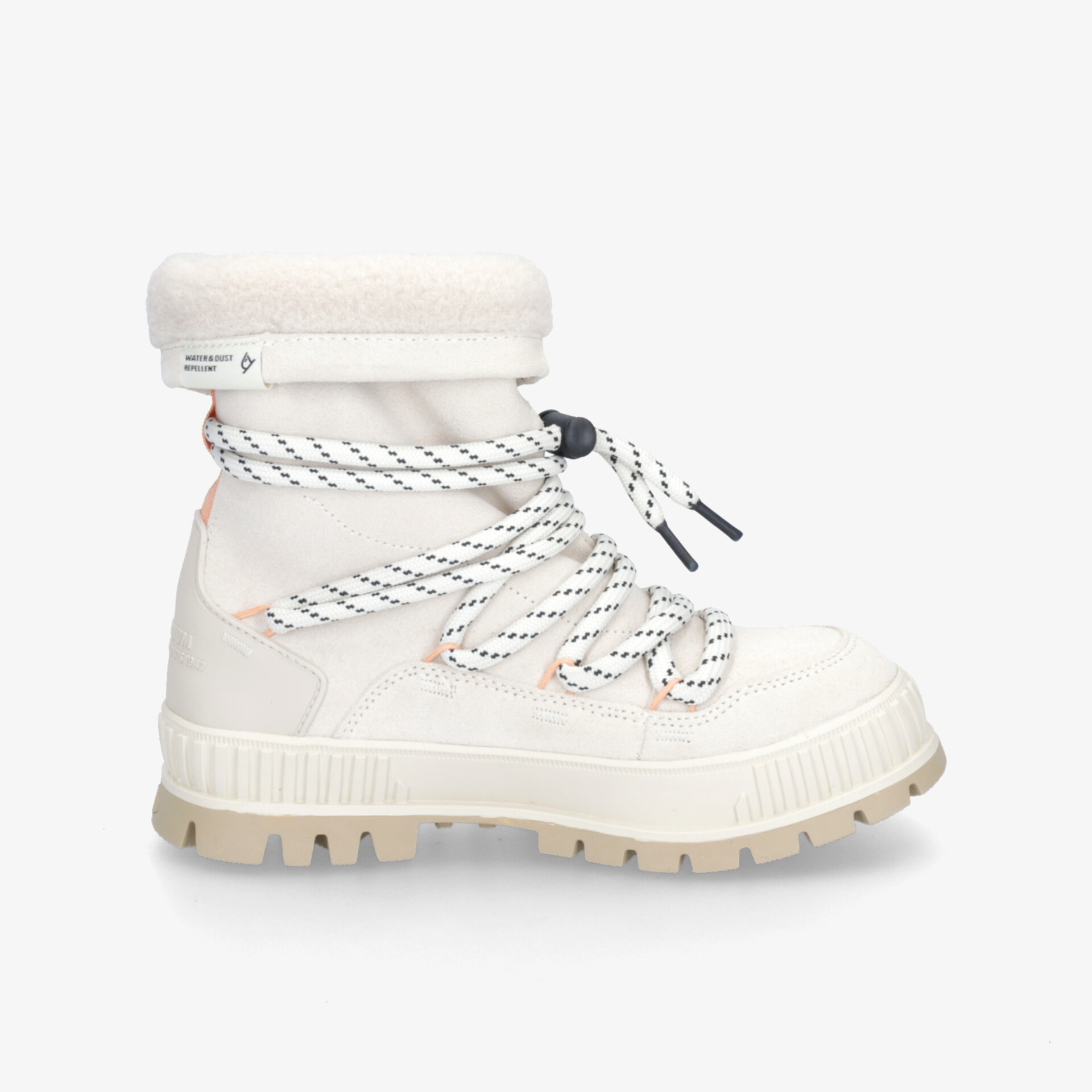 weißer Winterstiefel mit gepolsterter Innenseite und robuster, rutschfester Sohle für optimalen Halt und Komfort