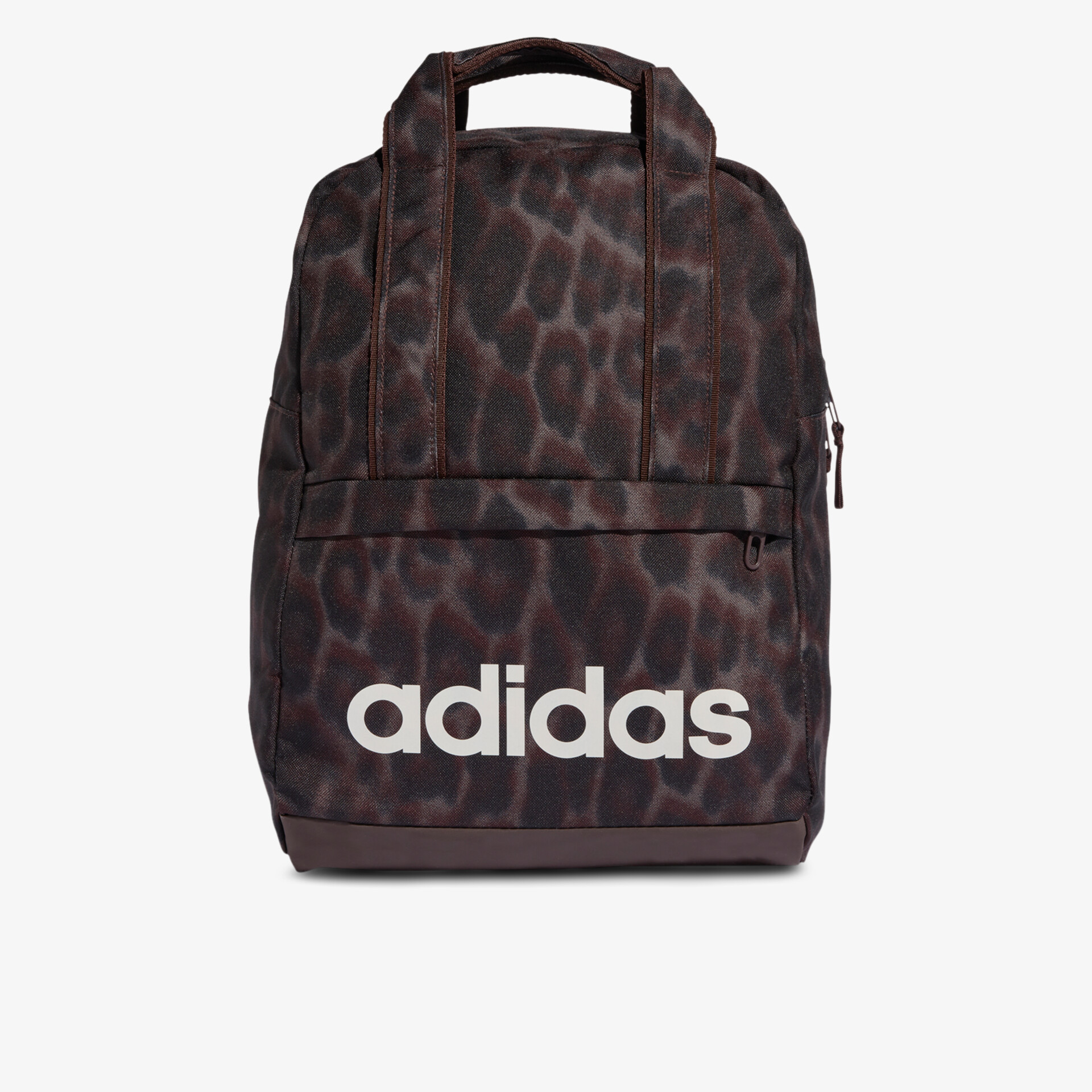 Dunkelbrauner Adidas Rucksack mit auffälligem Tiermuster und großem Frontlogo, ideal für den Alltag