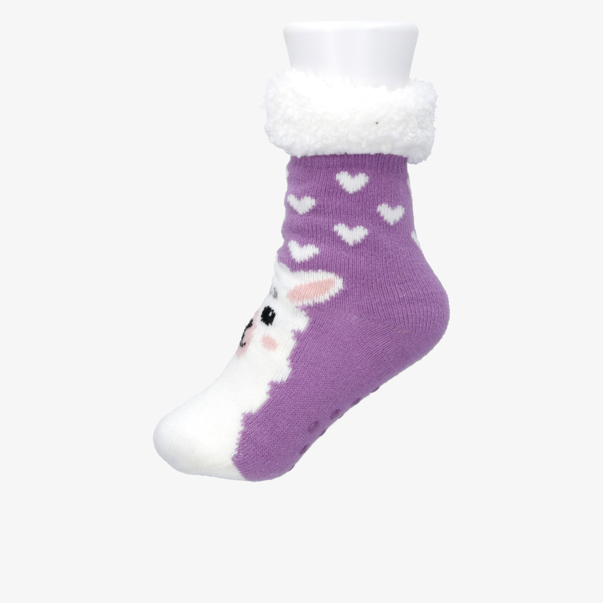 Warme kuschelige lila Socke mit weichem Umschlag und süßem Hasenmotiv für hohen Tragekomfort